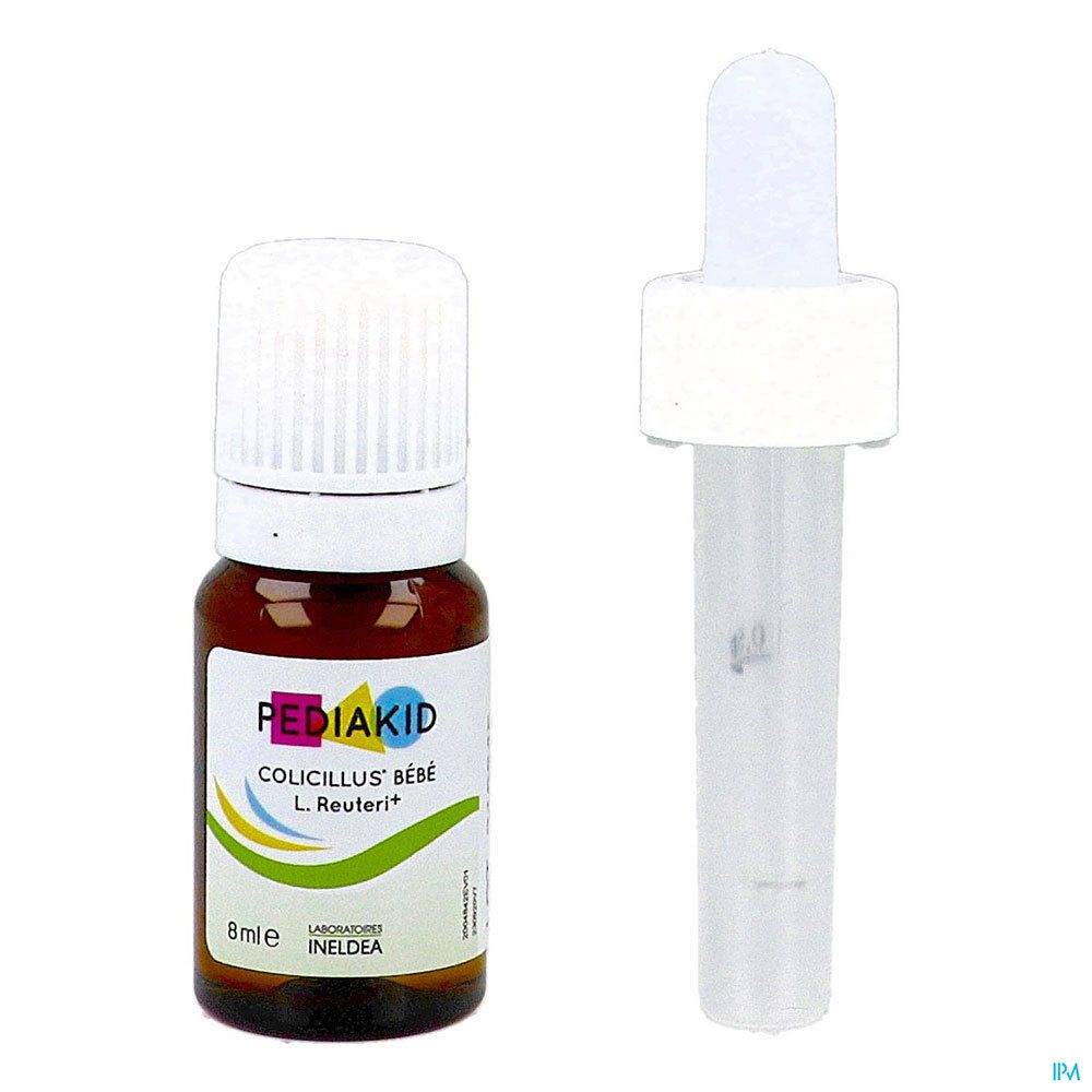 Braune Flasche und Pipette von Pediakid Colicillus Bébé. Aufschrift: 8 ml. Pipette mit Skala.