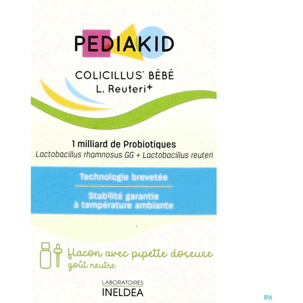 Verpackung von Pediakid Colicillus Bébé. Blaue und grüne Elemente. Aufschrift: 1 Milliarde Probiotika, Pipette.