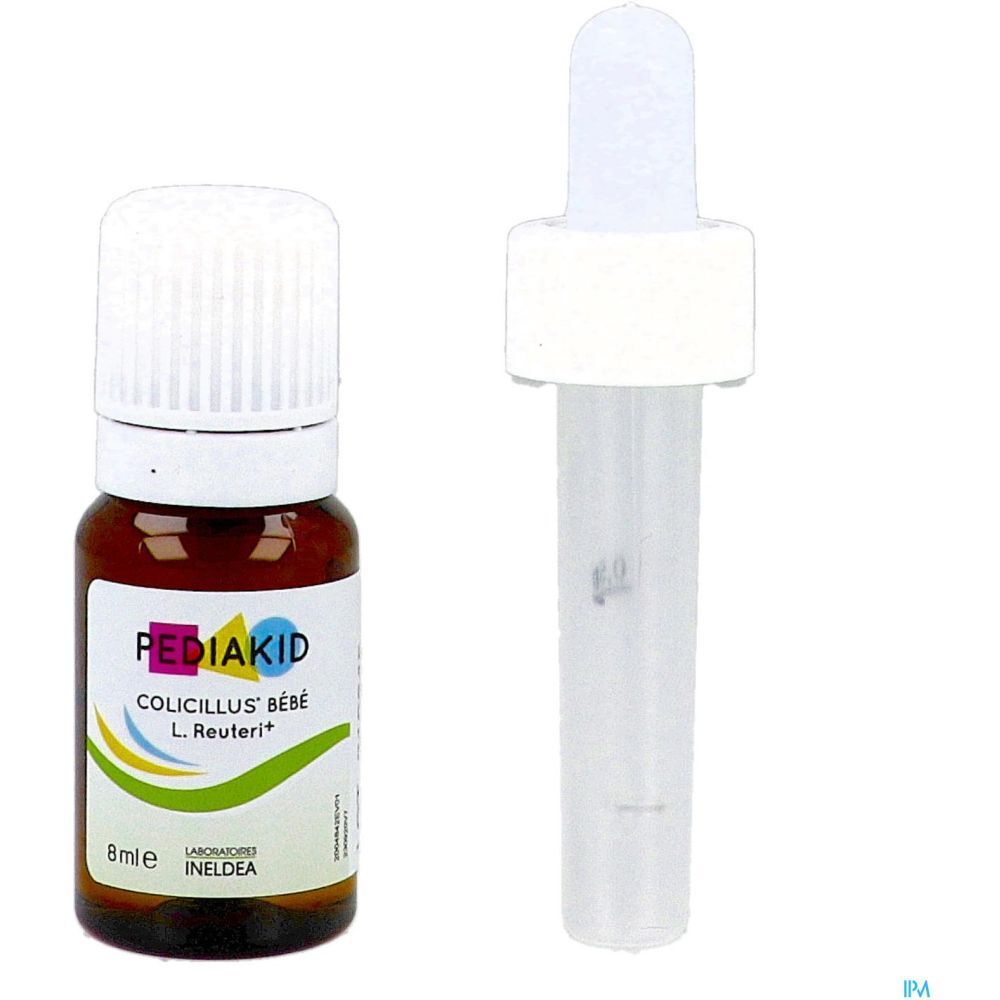 Braune Flasche und Pipette von Pediakid Colicillus Bébé. Aufschrift: 8 ml. Pipette mit Skala.