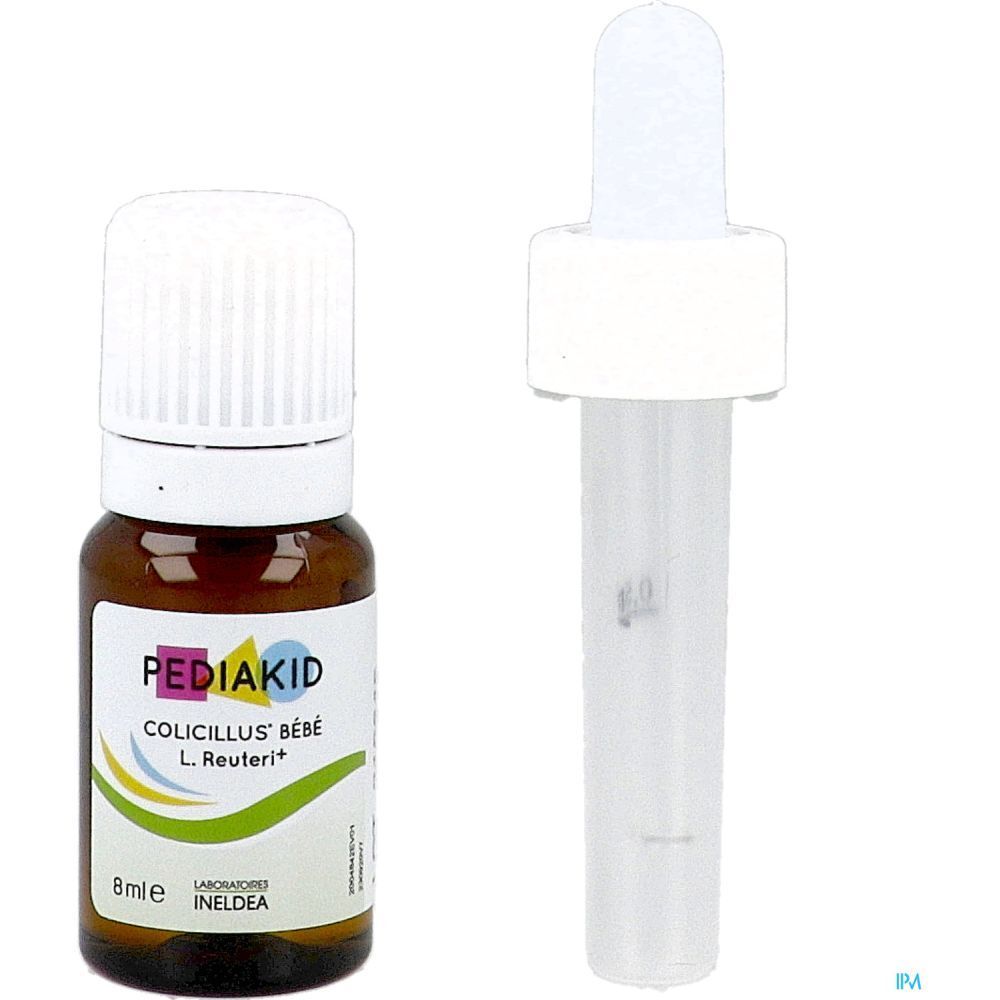 Braune Flasche und Pipette von Pediakid Colicillus Bébé. Aufschrift: 8 ml. Pipette mit Skala.
