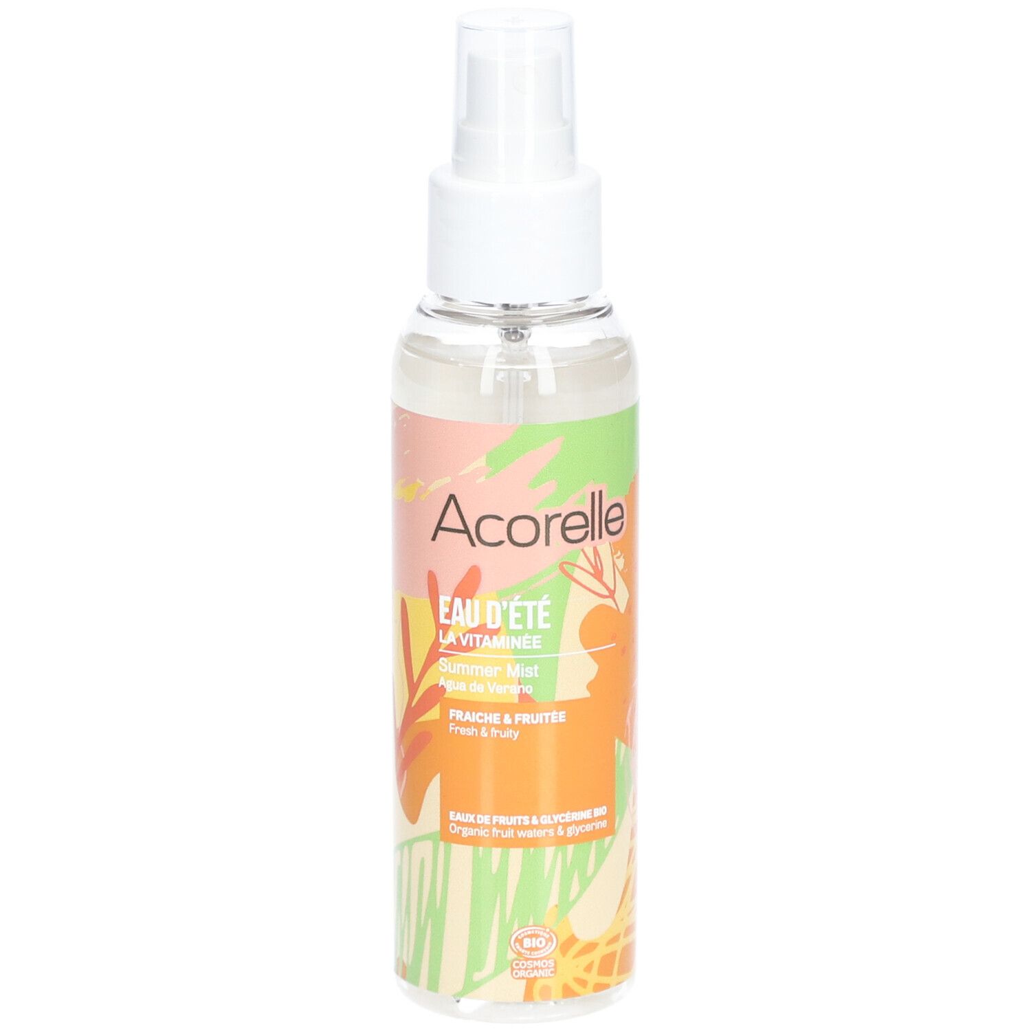 Body spray met verstuiver. Opschrift: Acorelle, Eau d'été, La Vitaminée, Sommer Mist, Fraîche & fruitée. BIO-certificering.