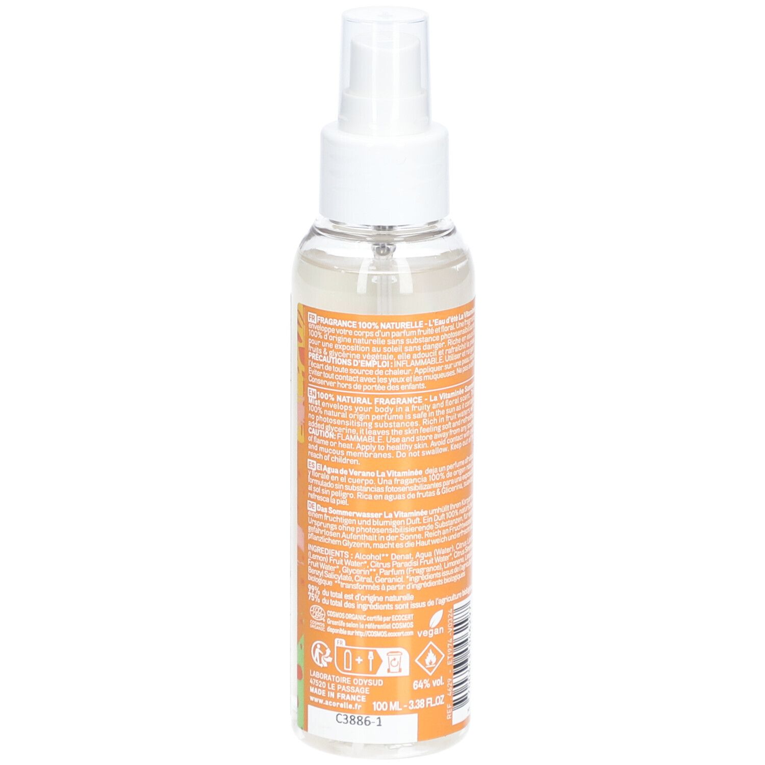 Body spray, achteraanzicht. Tekst op etiket. Opschrift: Acorelle, Eau d'été, La Vitaminée. Met BIO-certificering.