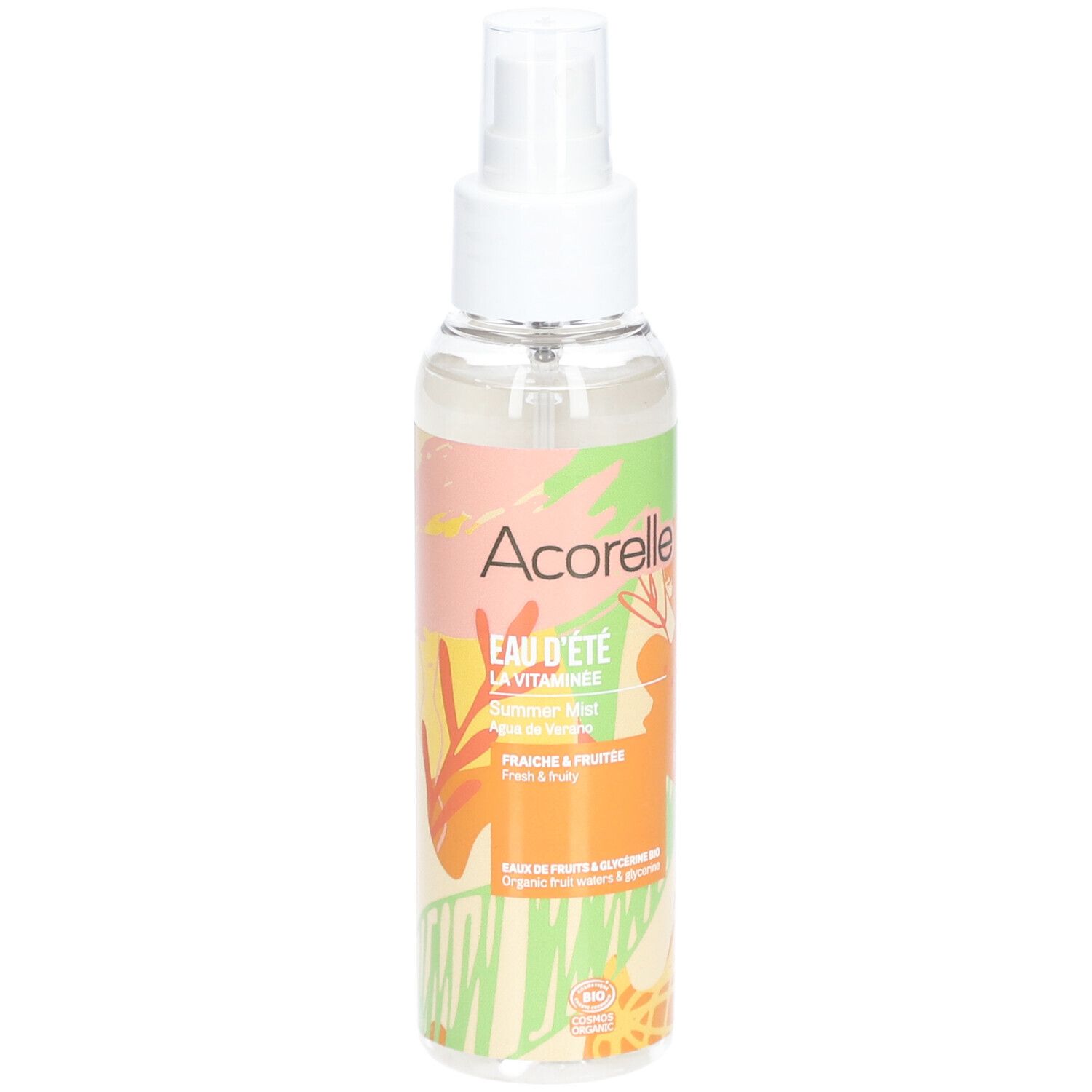 Body spray met verstuiver. Opschrift: Acorelle, Eau d'été, La Vitaminée, Sommer Mist, Fraîche & fruitée. BIO-certificering.