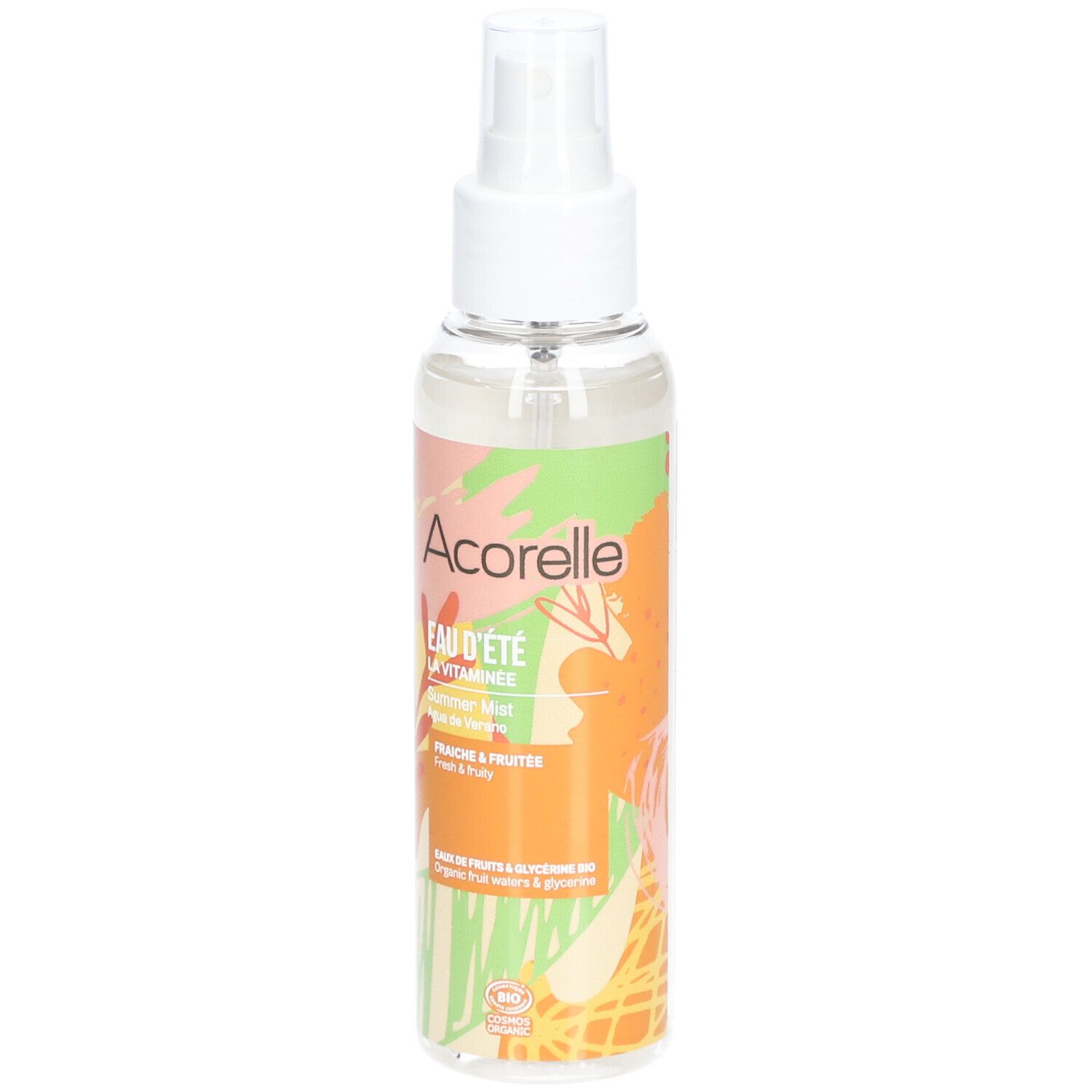 Body spray met verstuiver. Opschrift: Acorelle, Eau d'été, La Vitaminée, Sommer Mist, Fraîche & fruitée. BIO-certificering.