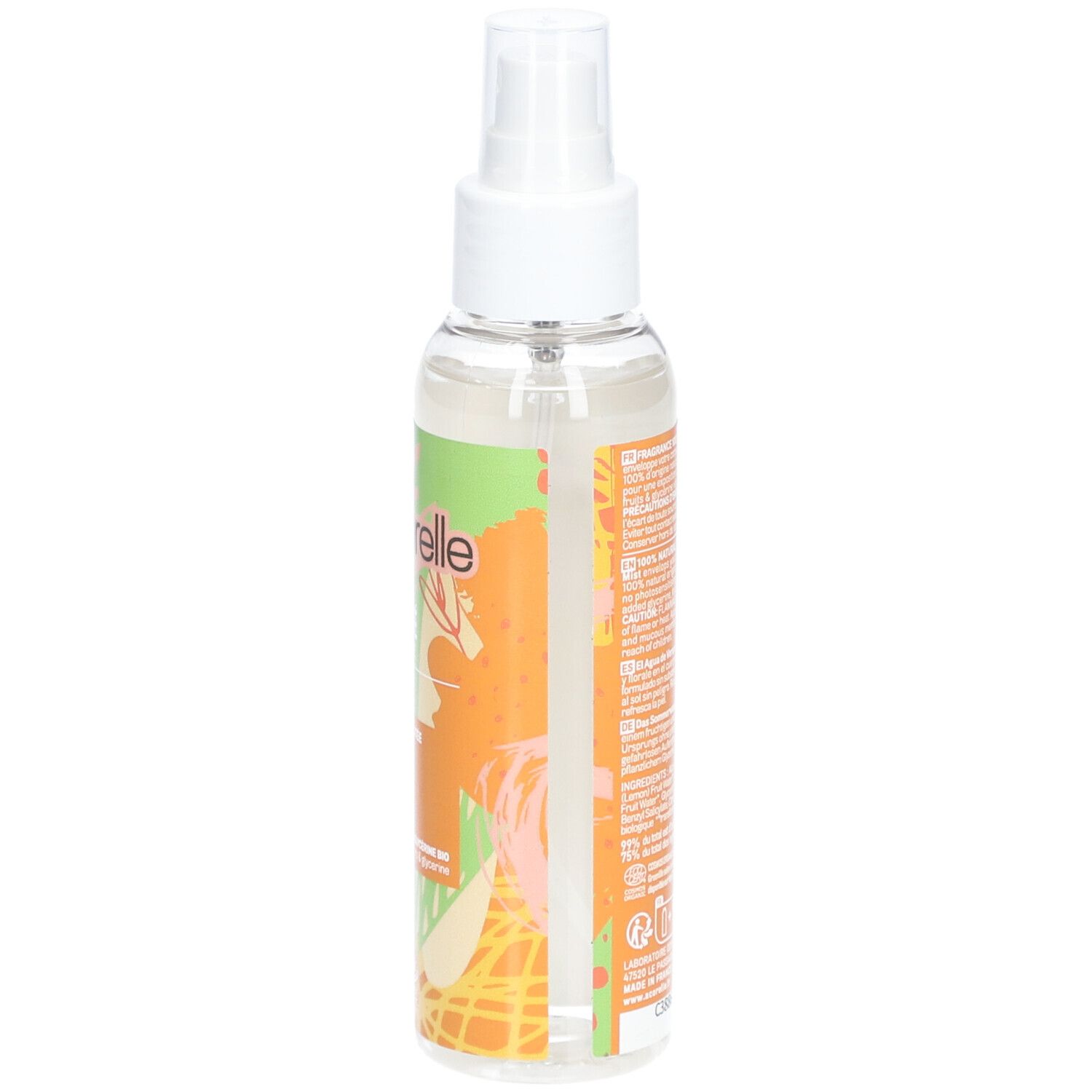 Body spray, zijaanzicht. Tekst op etiket. Opschrift: Acorelle, Eau d'été, La Vitaminée. Met BIO-certificering.