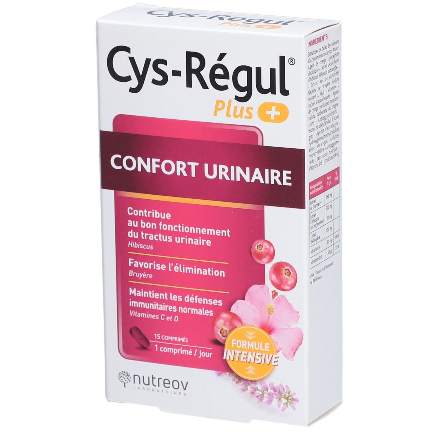 Boîte blanche "Cys-Régul Plus". Texte: "Confort Urinaire". Illustration de canneberge, fleur d'hibiscus. 15 comprimés.