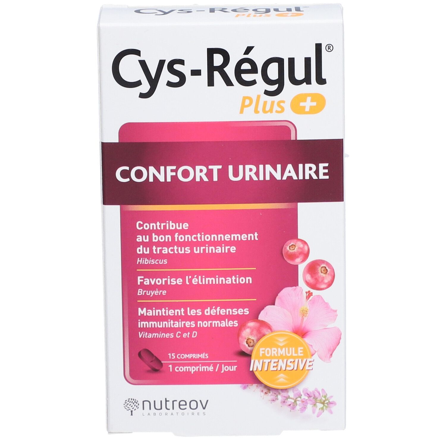 Boîte blanche "Cys-Régul Plus". Texte: "Confort Urinaire". Illustration de canneberge, fleur d'hibiscus. 15 comprimés.