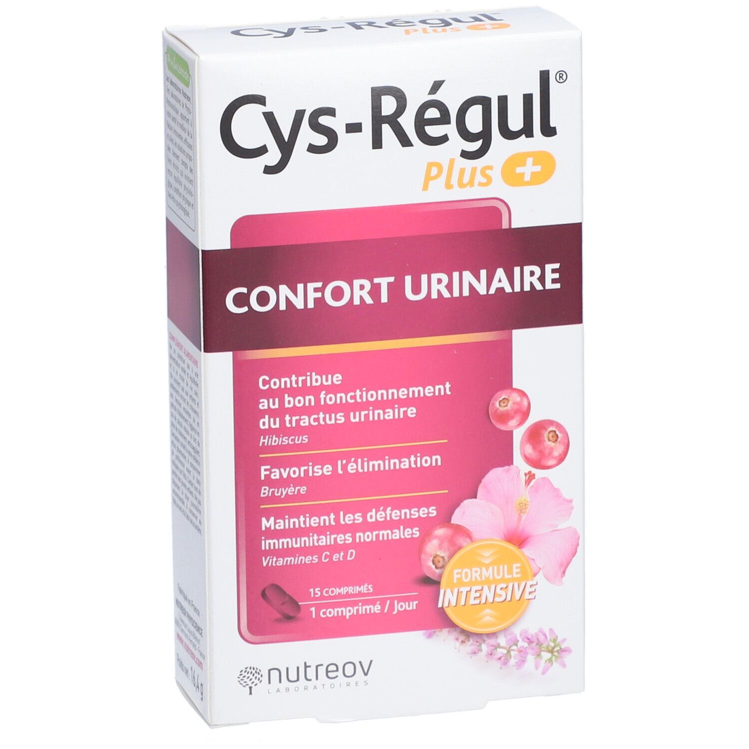 Boîte blanche "Cys-Régul Plus". Texte: "Confort Urinaire". Illustration de canneberge, fleur d'hibiscus. 15 comprimés.