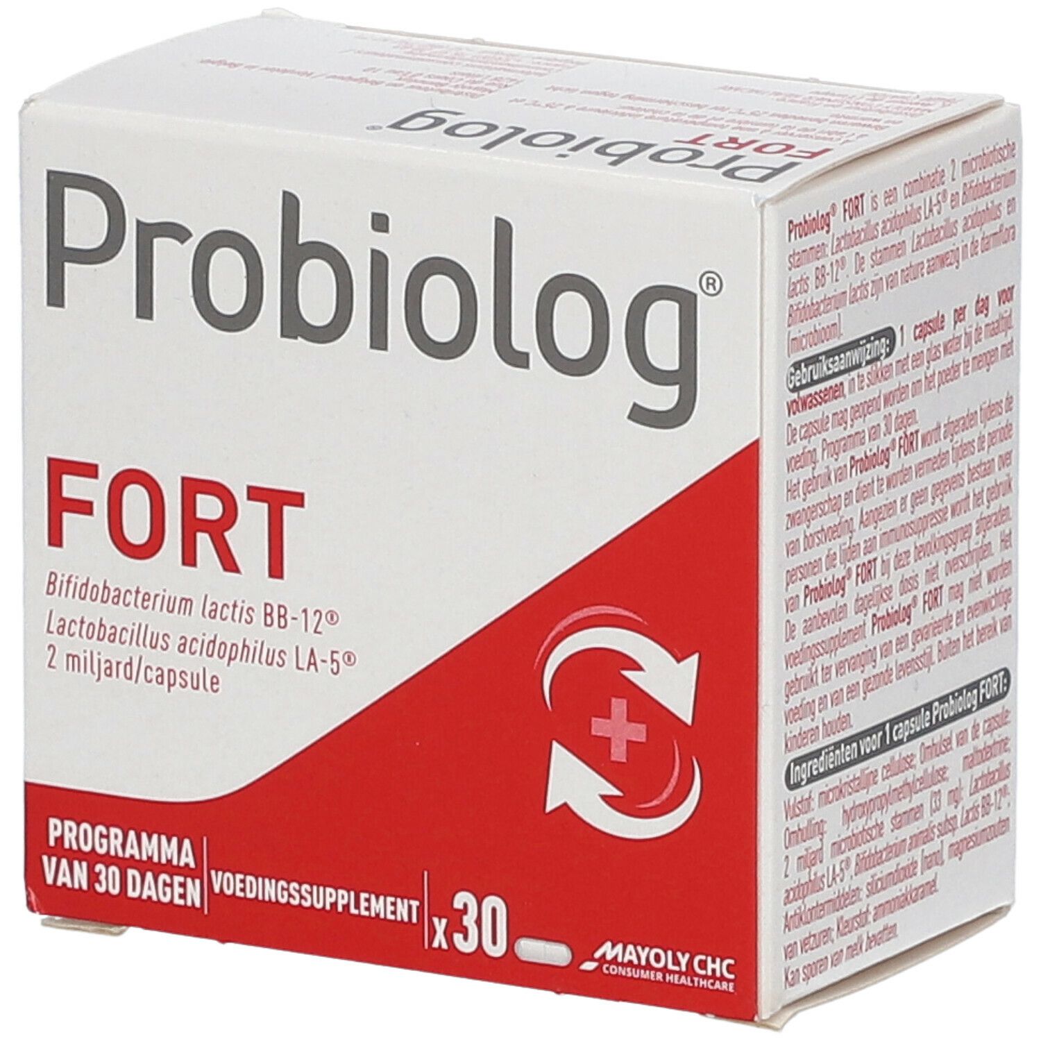 Boîte Probiolog FORT. Contient 30 gélules. Contient Bifidobacterium lactis BB-12® et Lactobacillus acidophilus LA-5®. Texte en néerlandais.