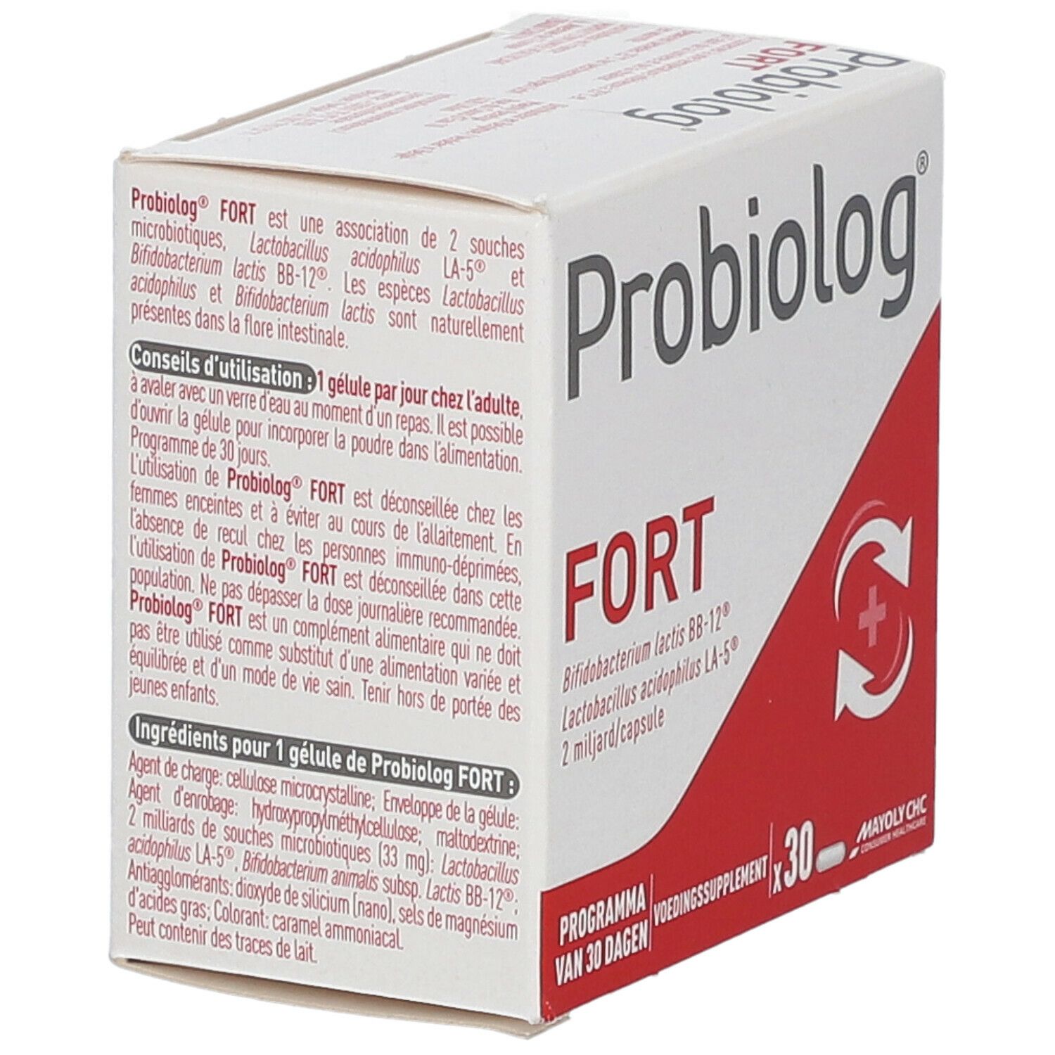 Boîte Probiolog FORT. Contient 30 gélules. Contient Bifidobacterium lactis BB-12® et Lactobacillus acidophilus LA-5®. Texte en français.