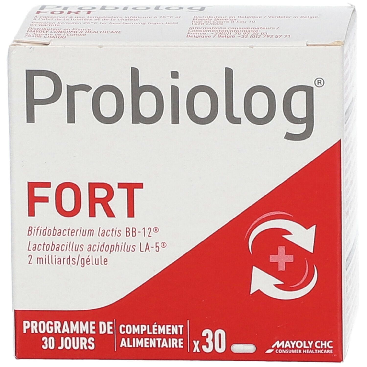 Boîte Probiolog FORT. Contient 30 gélules. Contient Bifidobacterium lactis BB-12® et Lactobacillus acidophilus LA-5®.