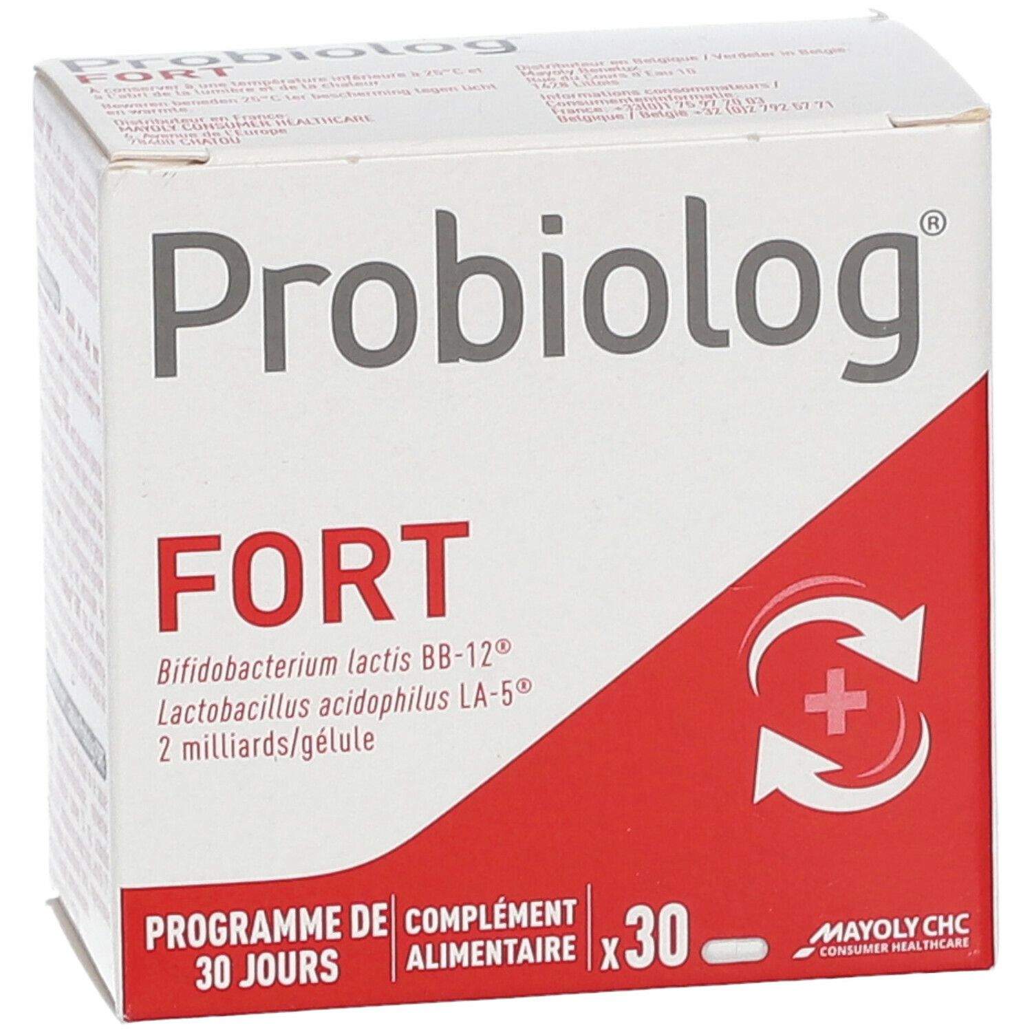 Boîte Probiolog FORT. Contient 30 gélules. Contient Bifidobacterium lactis BB-12® et Lactobacillus acidophilus LA-5®.
