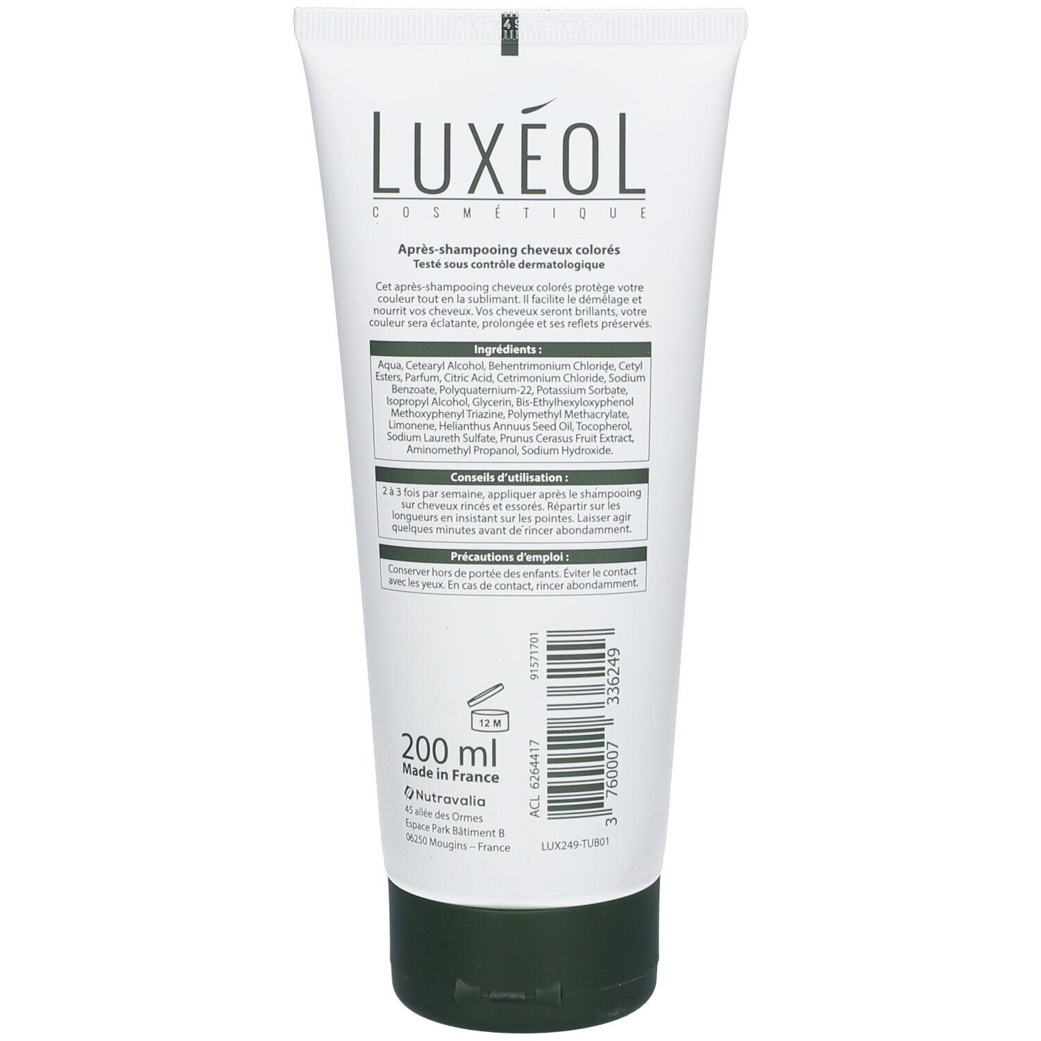 Tube blanc, bouchon vert. Inscription LUXÉOL. Texte: Après-shampooing cheveux colorés. 200 ml. Fabriqué en France.