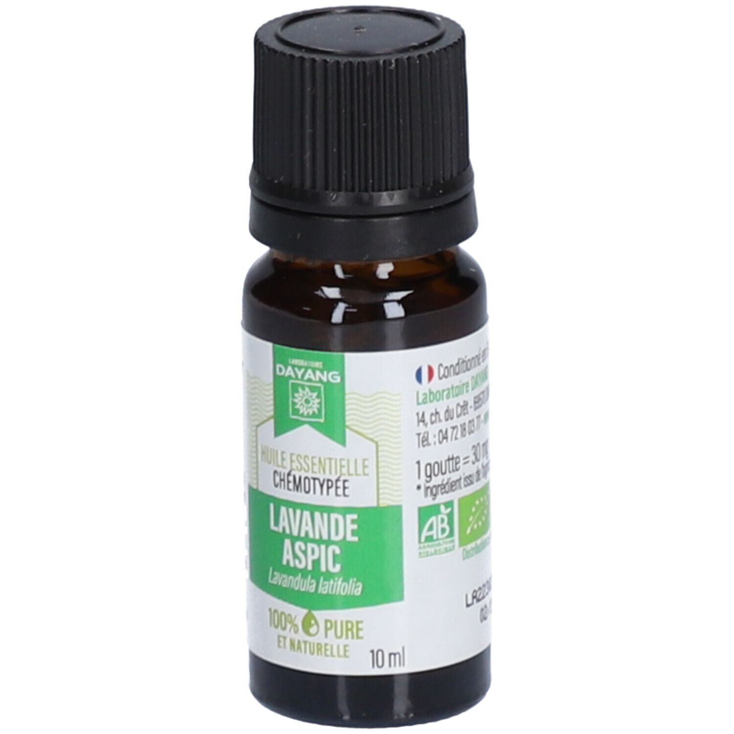 Braune Glasflasche mit schwarzem Deckel. Etikett mit DAYANG-Logo, Lavande Aspic, 100% rein und natürlich, 10 ml.