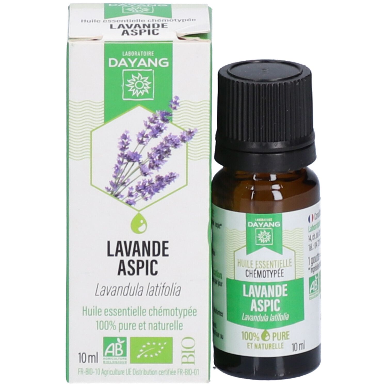 Braune Glasflasche mit schwarzem Deckel neben einer weißen Schachtel. Schachtel mit Lavande Aspic, 10 ml, und Bio-Siegel.