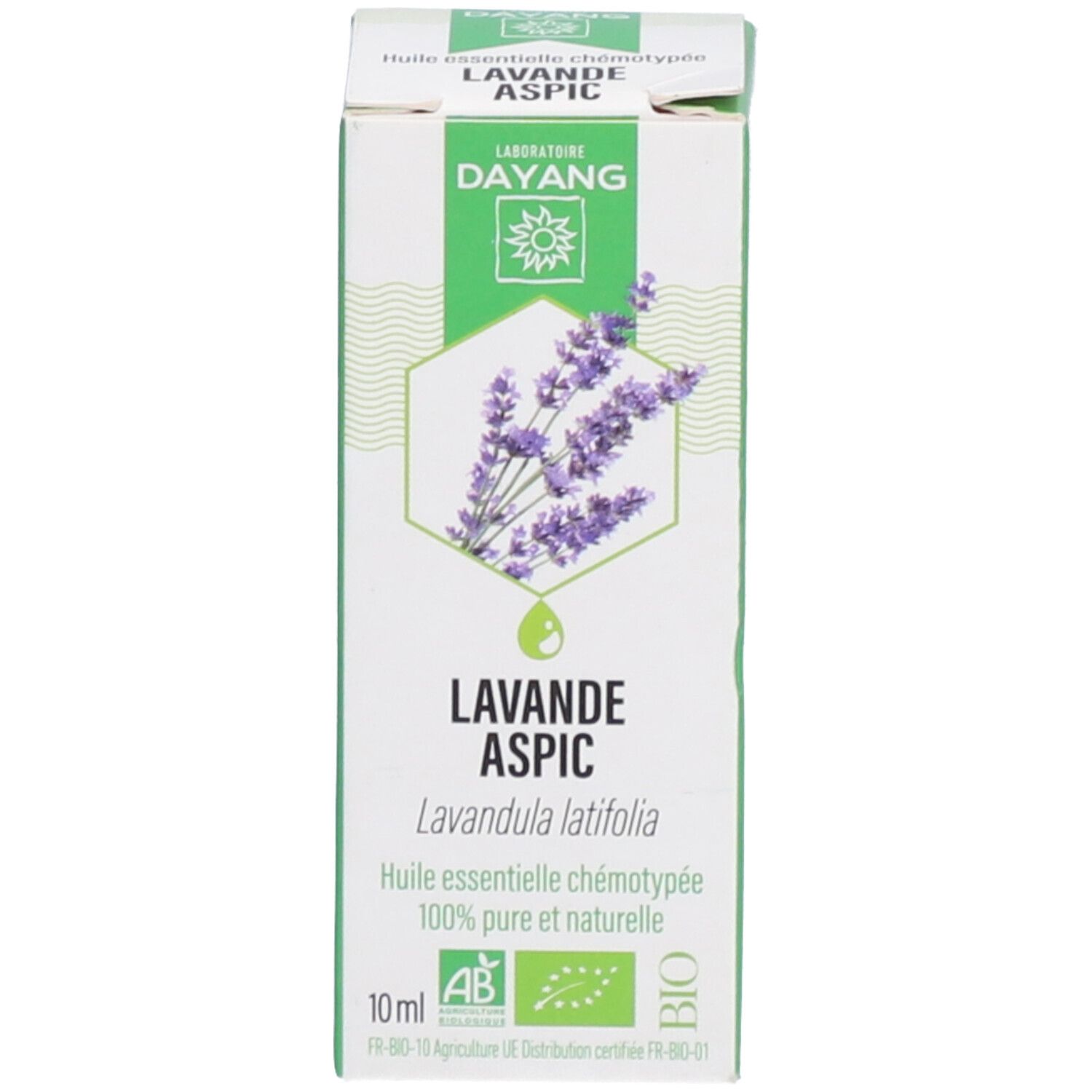 Weiße Schachtel mit Lavande Aspic, 10 ml, und Bio-Siegel. Abbildung von Lavendelblüten.