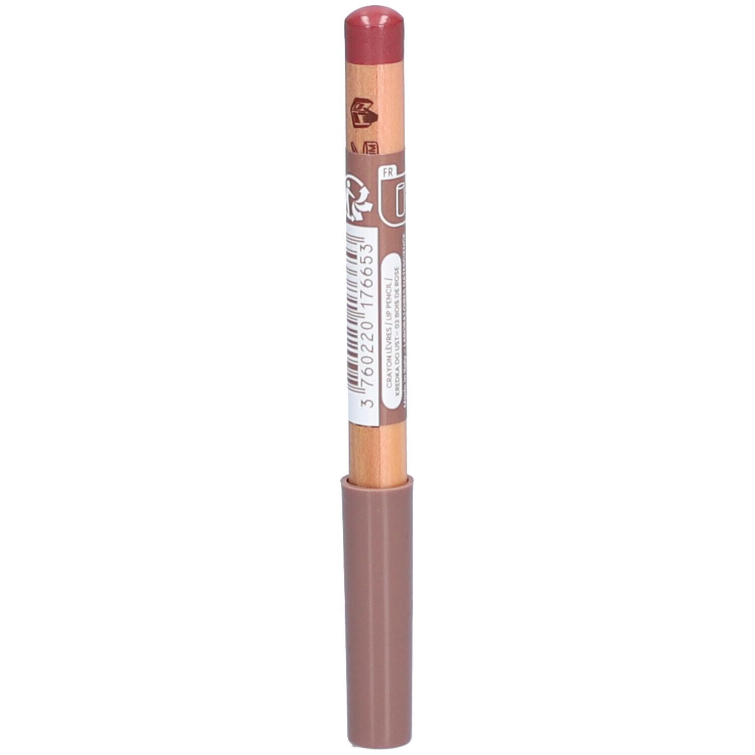 Crayon à lèvres en forme de bâton. Corps en bois avec extrémité rose et manchon. Inscriptions sur le corps.