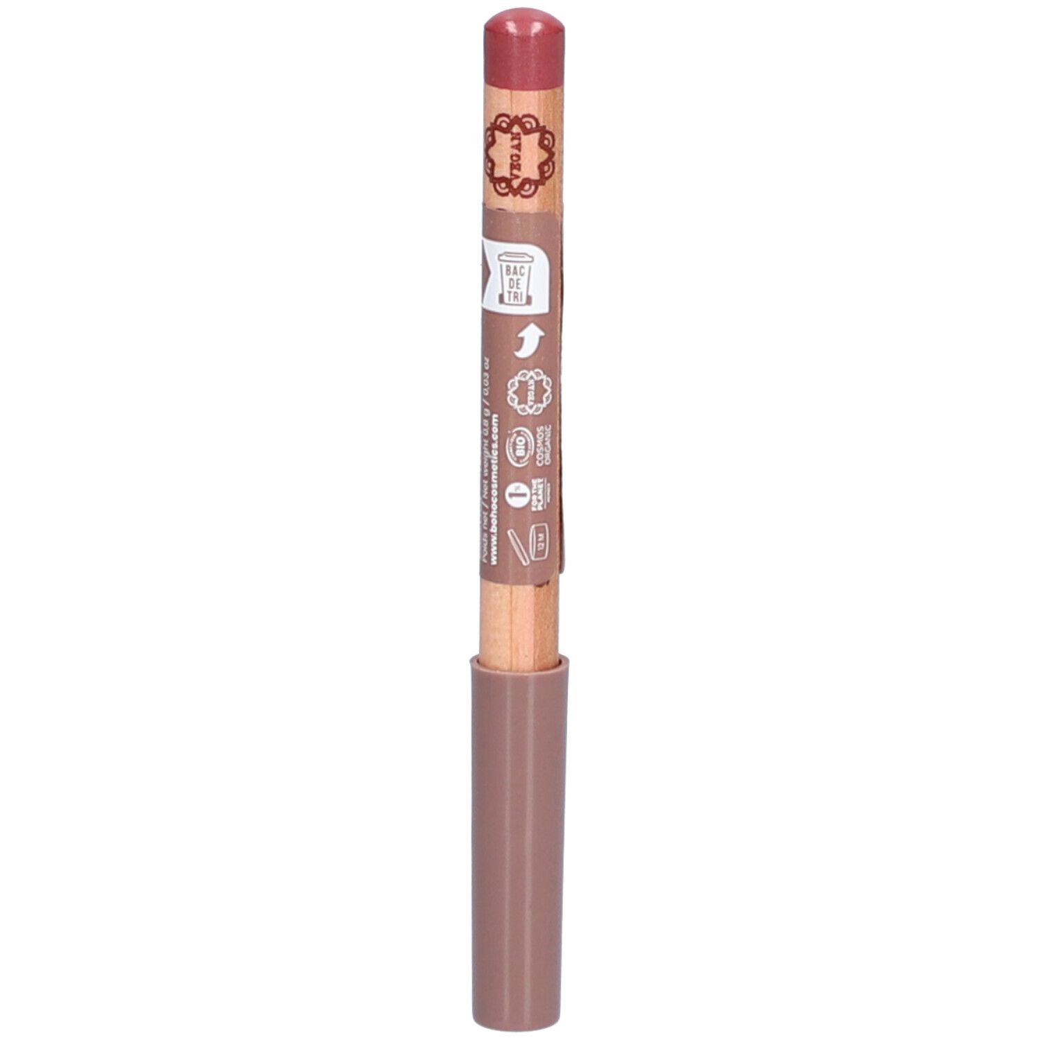 Crayon à lèvres en forme de bâton. Corps en bois avec extrémité rose et manchon. Inscriptions sur le corps.