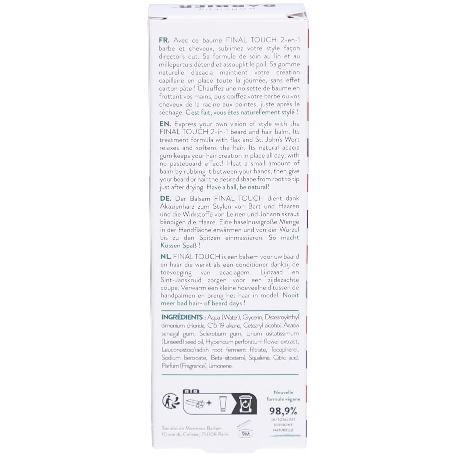 Rückseite der Kartonverpackung. Text in mehreren Sprachen. Enthält Informationen zu Inhaltsstoffen und Anwendung.