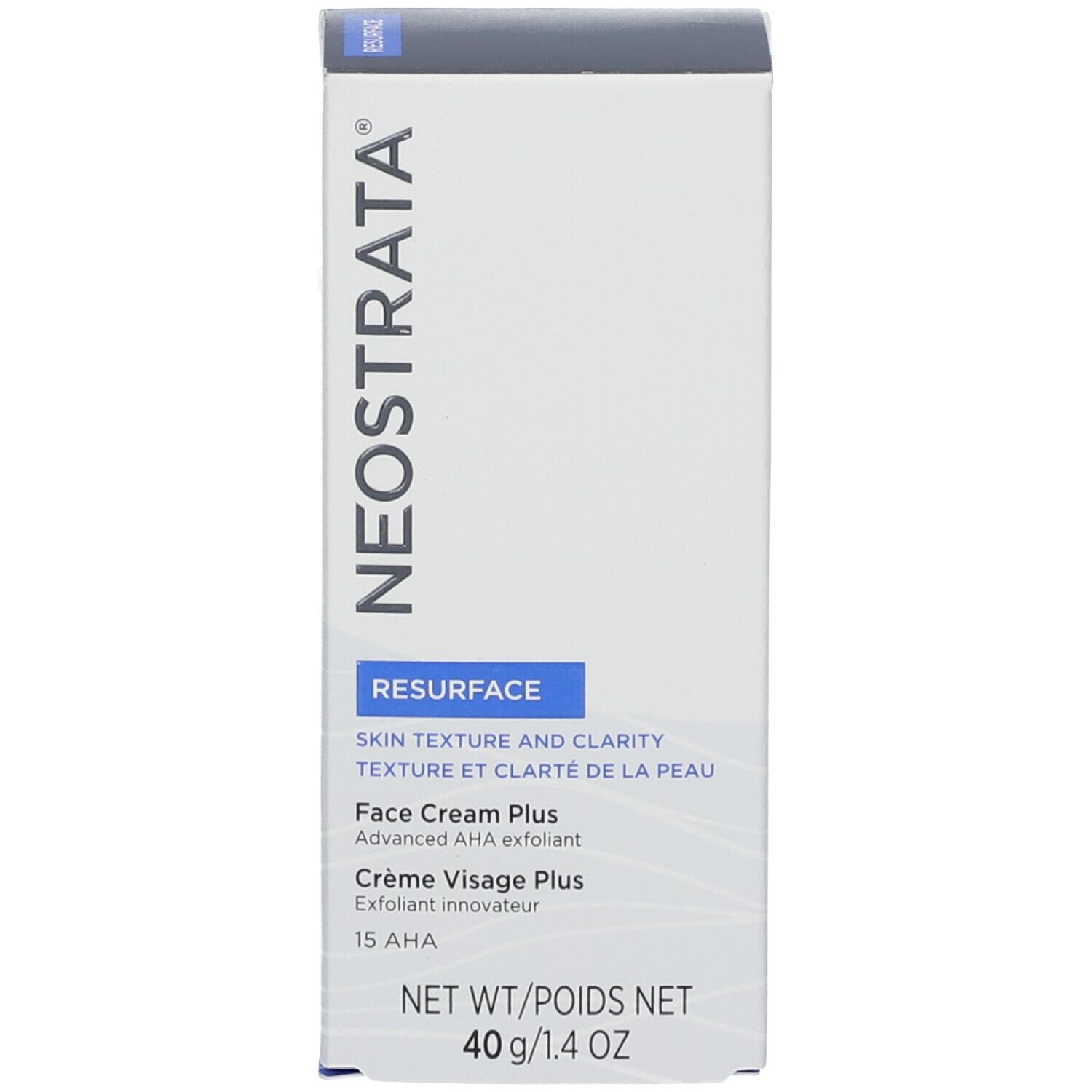 Boîte blanche avec texte bleu « Resurface ». Texte : Face Cream Plus 15 AHA. Marque : NeoStrata.