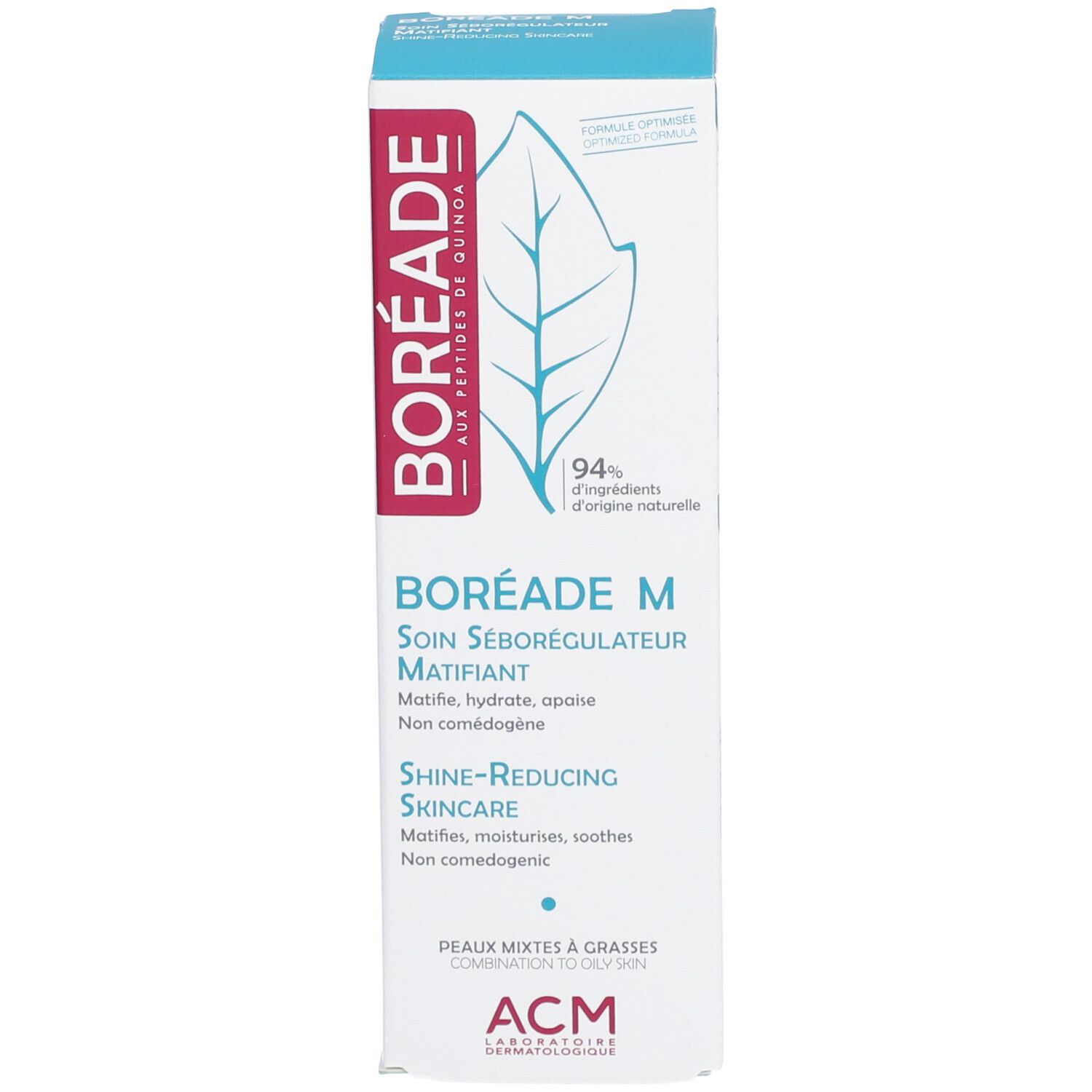 Emballage carton avec nom et logo du produit. Contient 94% d'ingrédients naturels. Pour peaux mixtes.