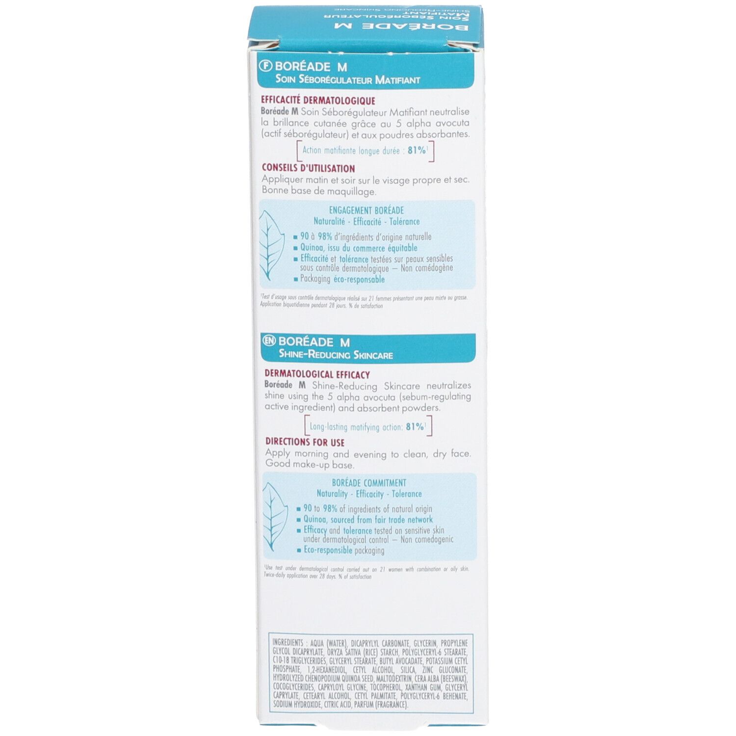 Gros plan de l'emballage carton. Extraits de texte en plusieurs langues. Informations sur l'efficacité dermatologique.