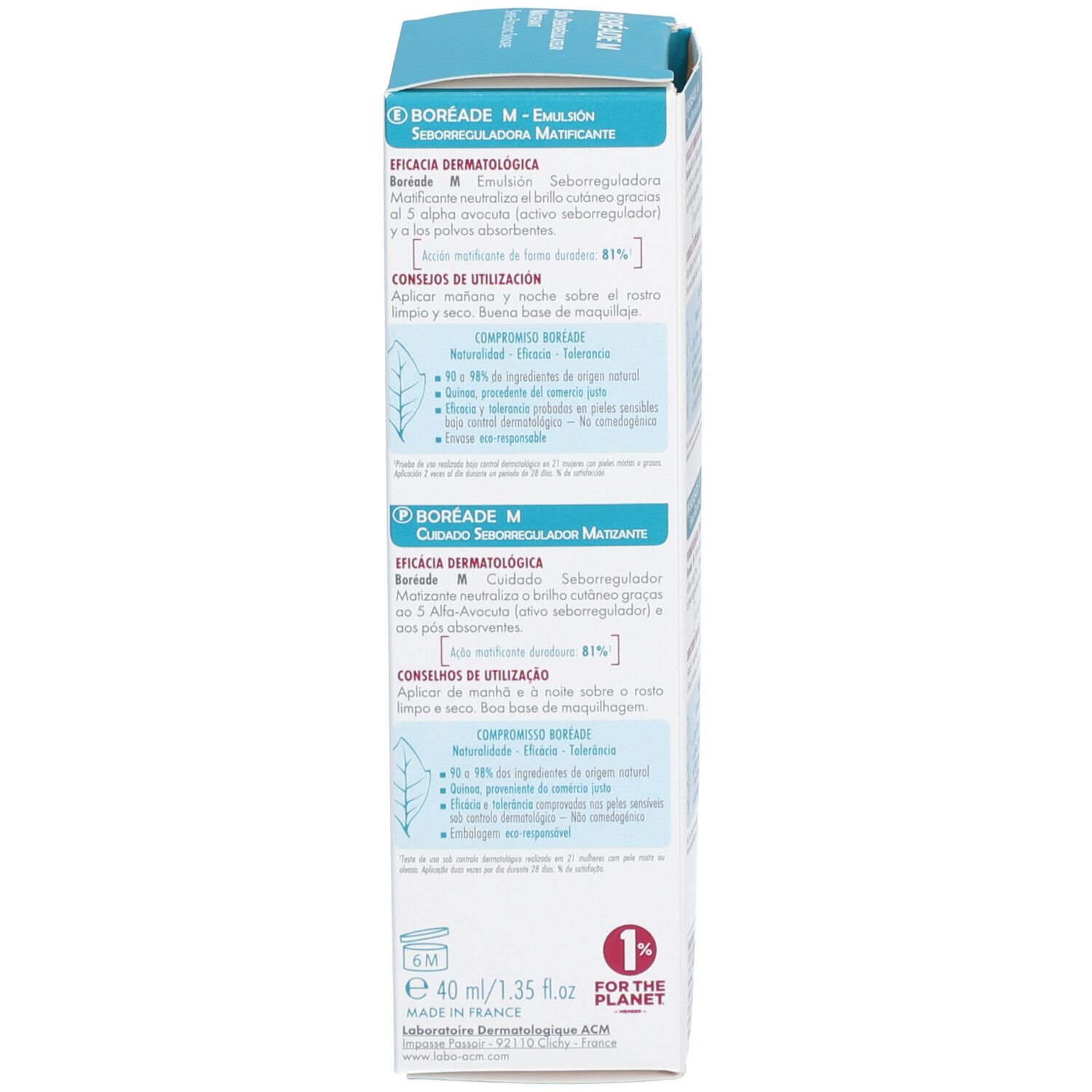 Gros plan de l'emballage carton. Extraits de texte en plusieurs langues. Informations sur l'efficacité dermatologique.