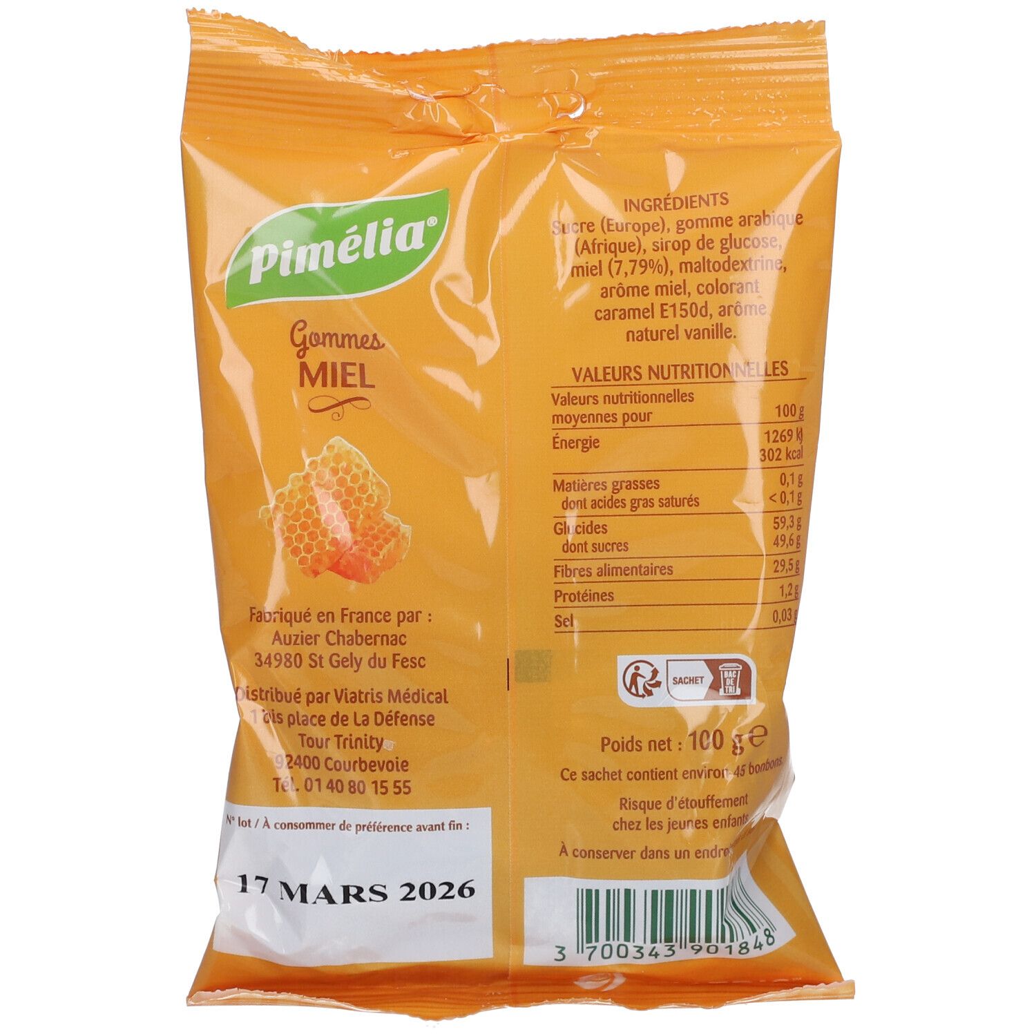 Dos du sachet. Inscription: Pimélia, Gommes Miel. Liste des ingrédients et informations nutritionnelles.
