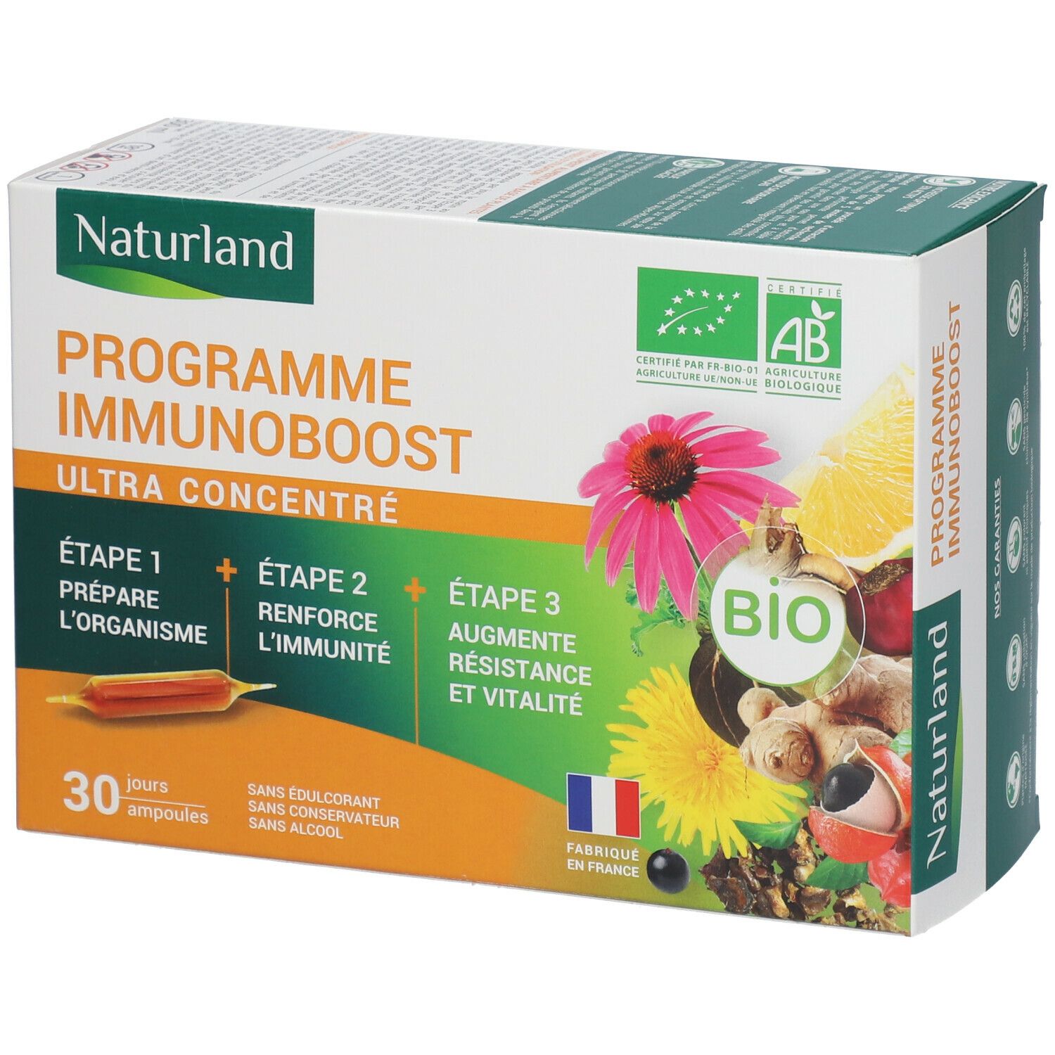 Boîte de Naturland IMMUNOBOOST BIO Ampoules. Texte : Programme Immunoboost, Ultra Concentré. Label bio et drapeau français.