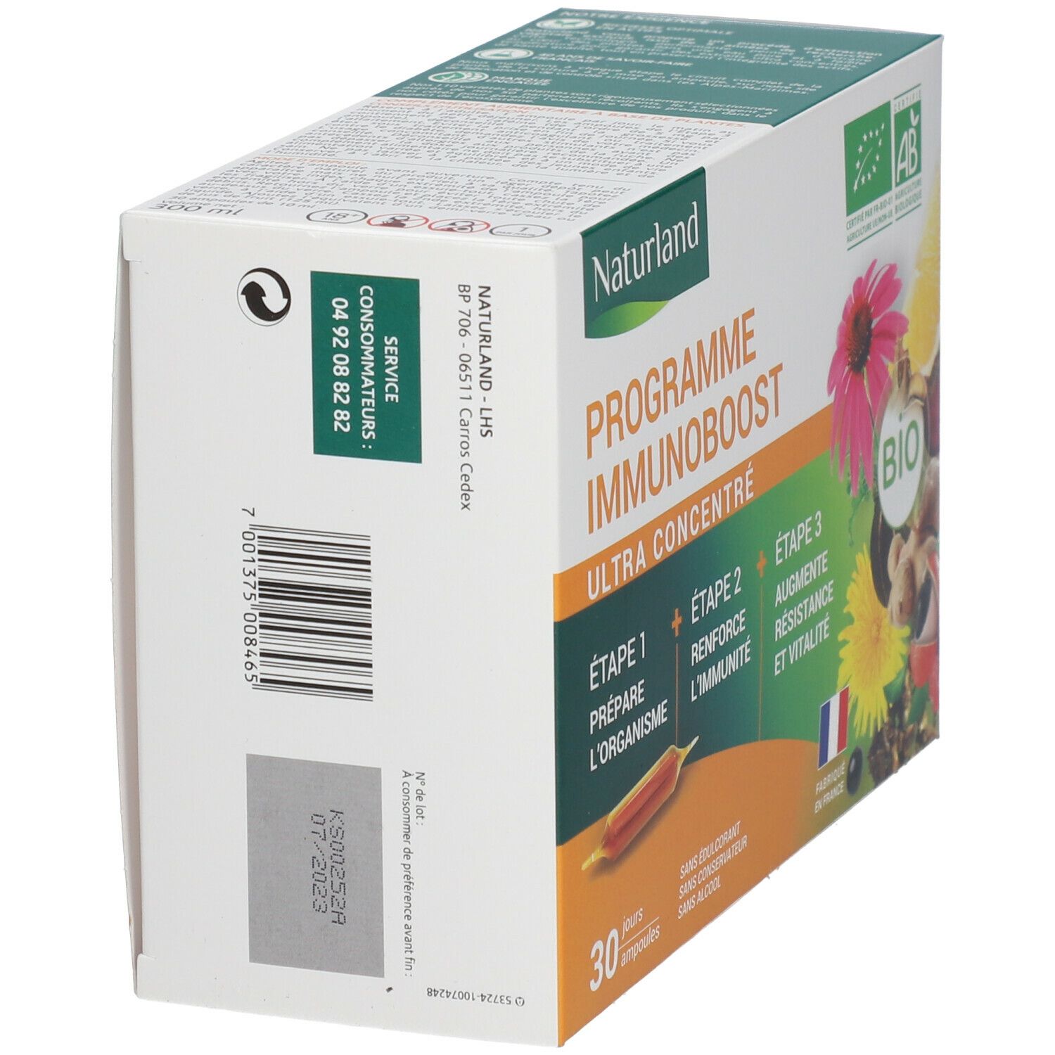 Vue oblique de l'emballage Naturland IMMUNOBOOST BIO Ampoules. Arrière avec code-barres et coordonnées. Label bio.
