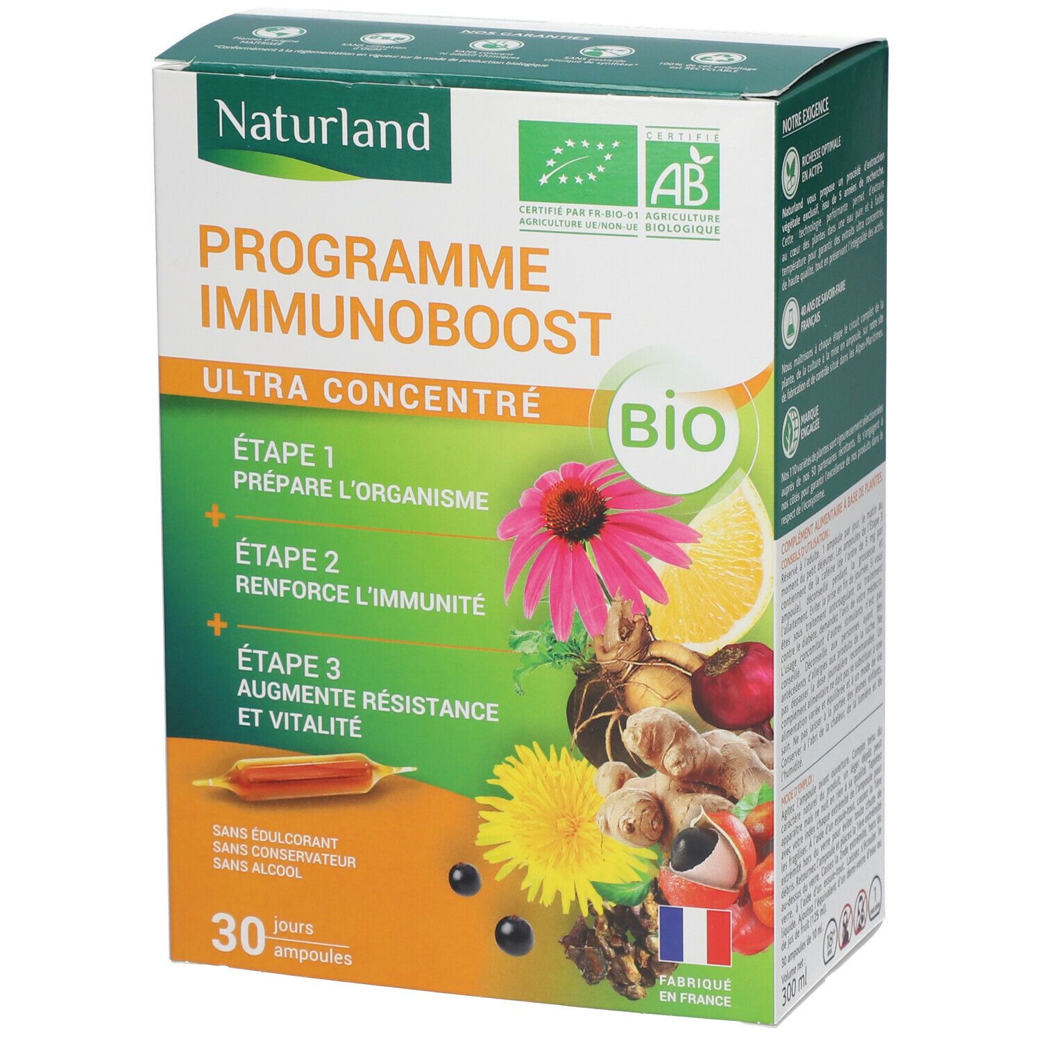 Boîte de Naturland IMMUNOBOOST BIO Ampoules. Face avant avec nom du produit, label bio et illustrations de plantes et fruits.