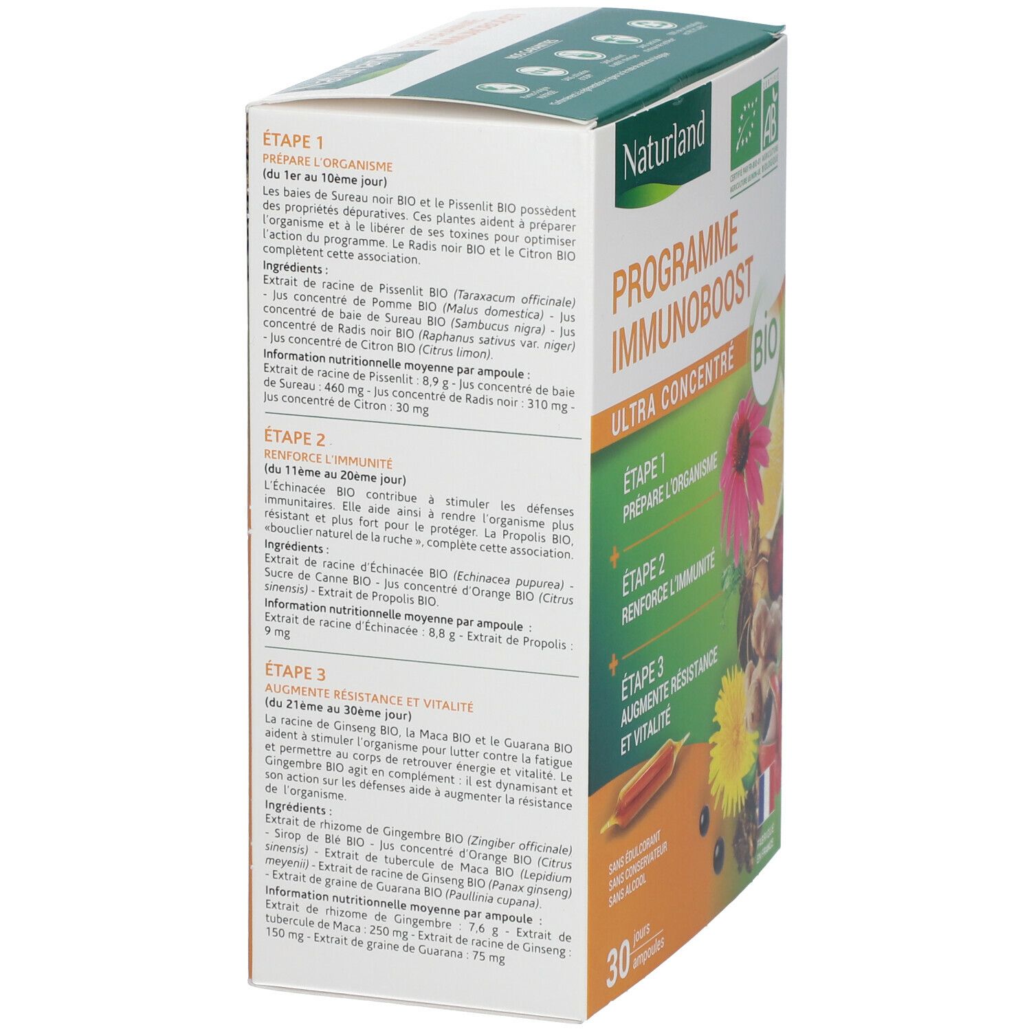 Emballage ouvert de Naturland IMMUNOBOOST BIO Ampoules. Informations textuelles sur les ingrédients et l'utilisation.