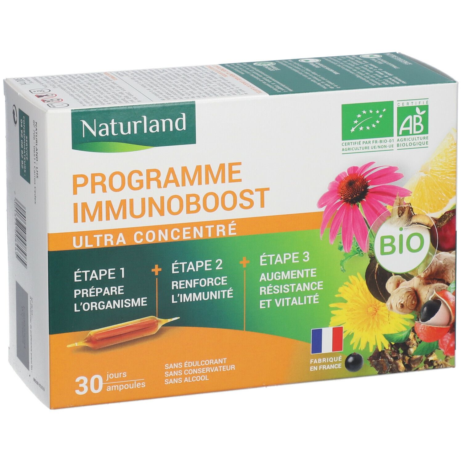Boîte de Naturland IMMUNOBOOST BIO Ampoules. Face avant avec nom du produit, label bio et illustrations de plantes et fruits.