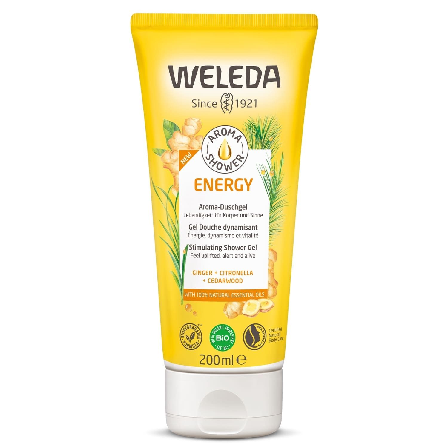 Tube jaune "WELEDA" avec "ENERGY Aroma-Duschgel". Contient 200ml. Avec label bio.