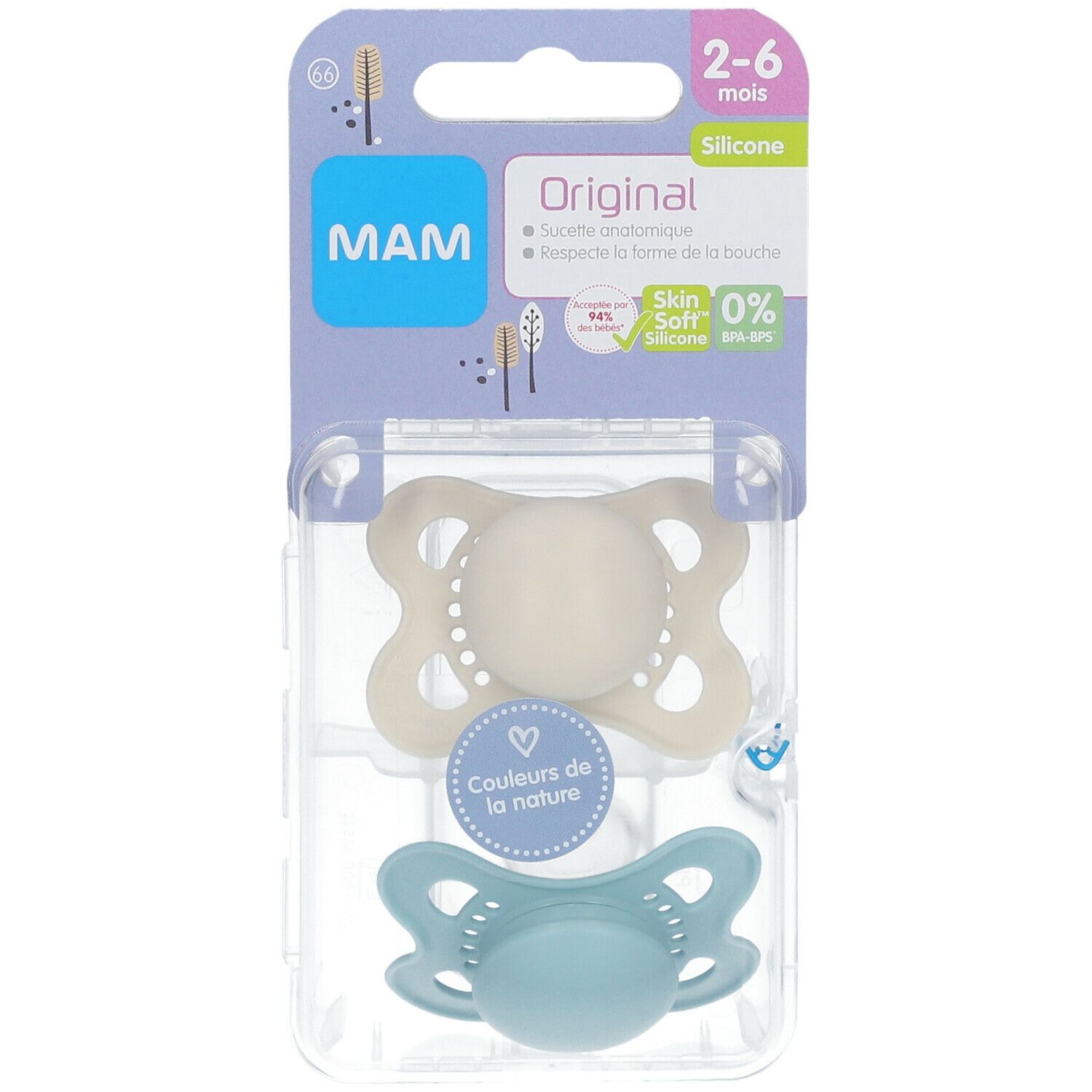 Deux sucettes MAM Original dans un emballage. Beige et bleu. Pour 2-6 mois. Emballage avec informations produit.