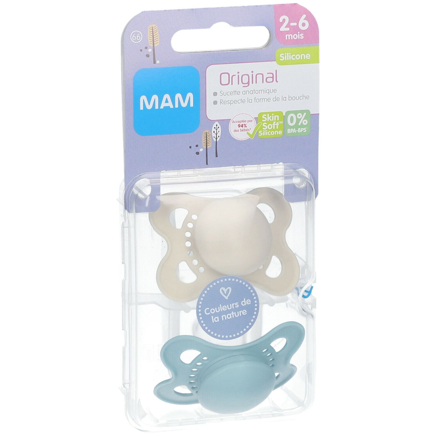 Deux sucettes MAM Original dans un emballage. Beige et bleu. Pour 2-6 mois. Emballage avec informations produit.