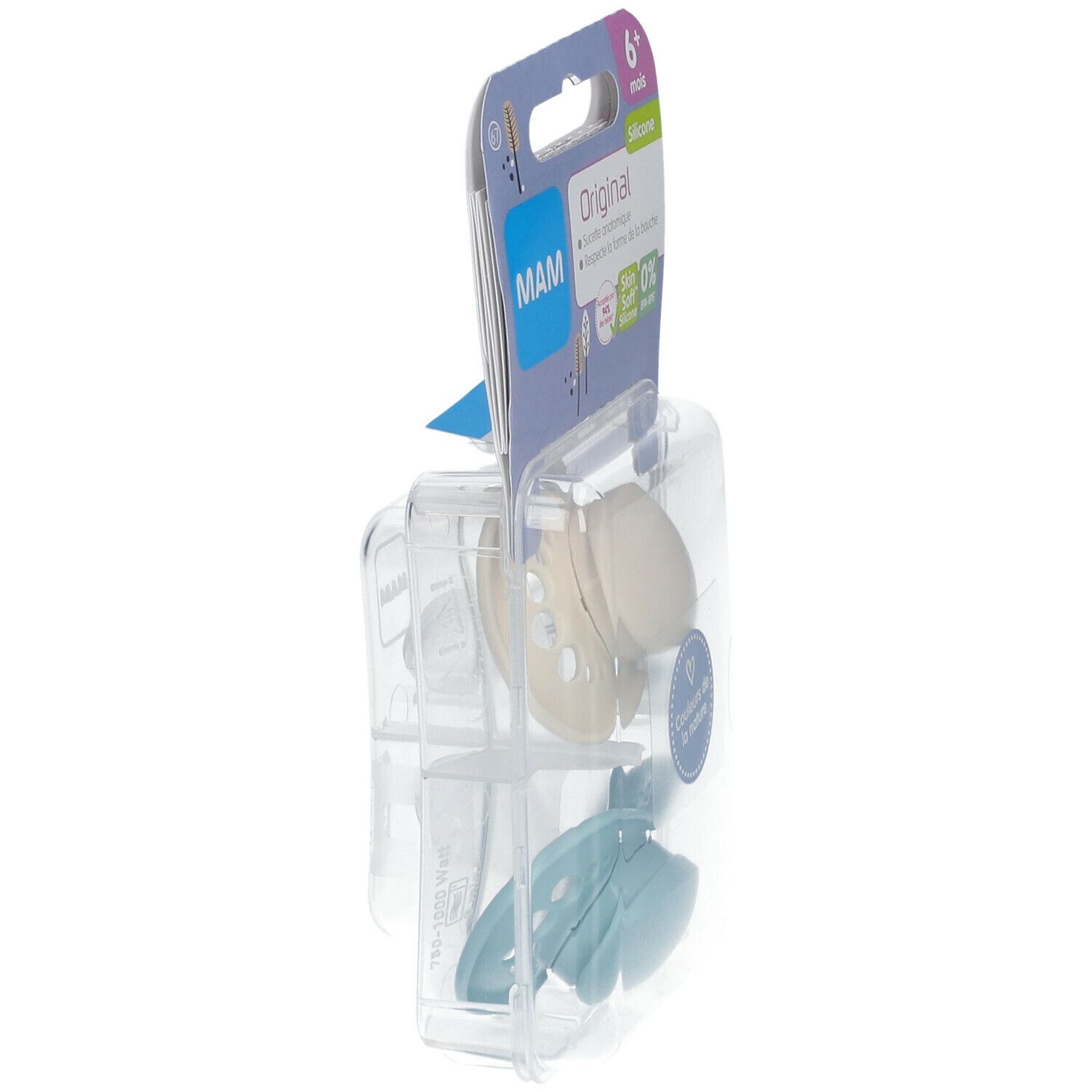 Emballage avec deux sucettes MAM Original. Sucettes beige et bleu. 6+ mois.