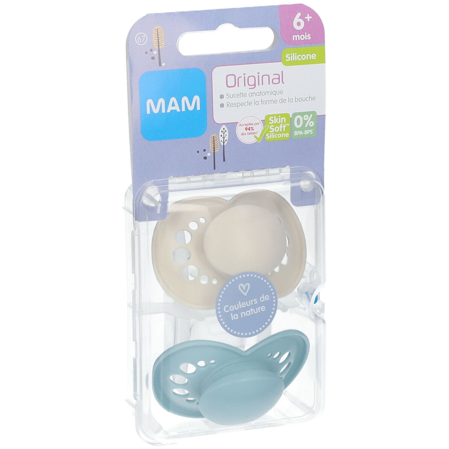 Deux sucettes MAM Original, 6+ mois, en emballage. Couleurs beige et bleu. Forme anatomique, silicone.
