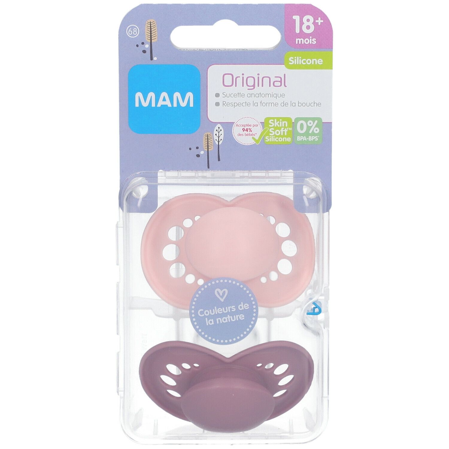 Sucette MAM Original 18+ mois, emballage. Deux sucettes, rose et violet. Informations produit sur l'emballage.