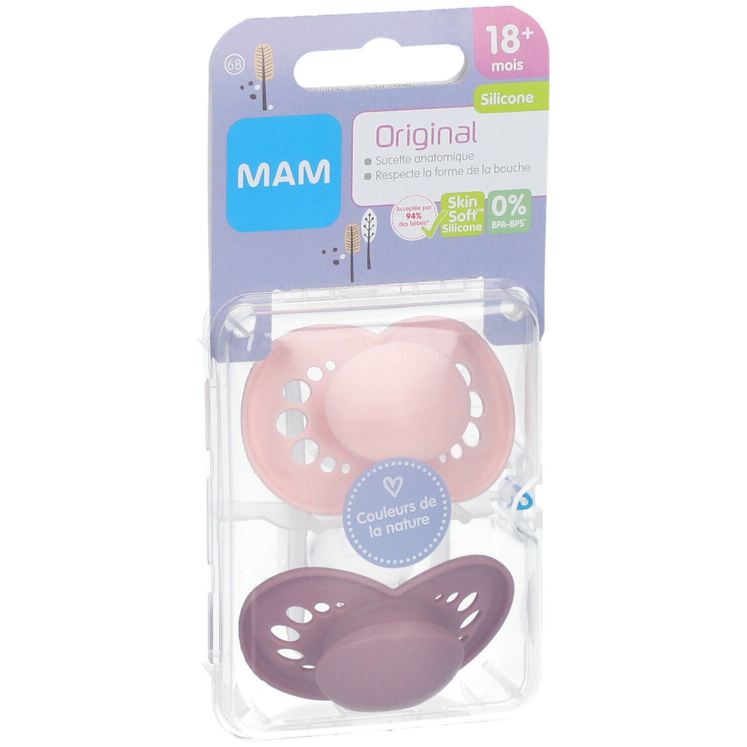 Sucette MAM Original 18+ mois, emballage. Deux sucettes, rose et violet. Informations produit sur l'emballage.