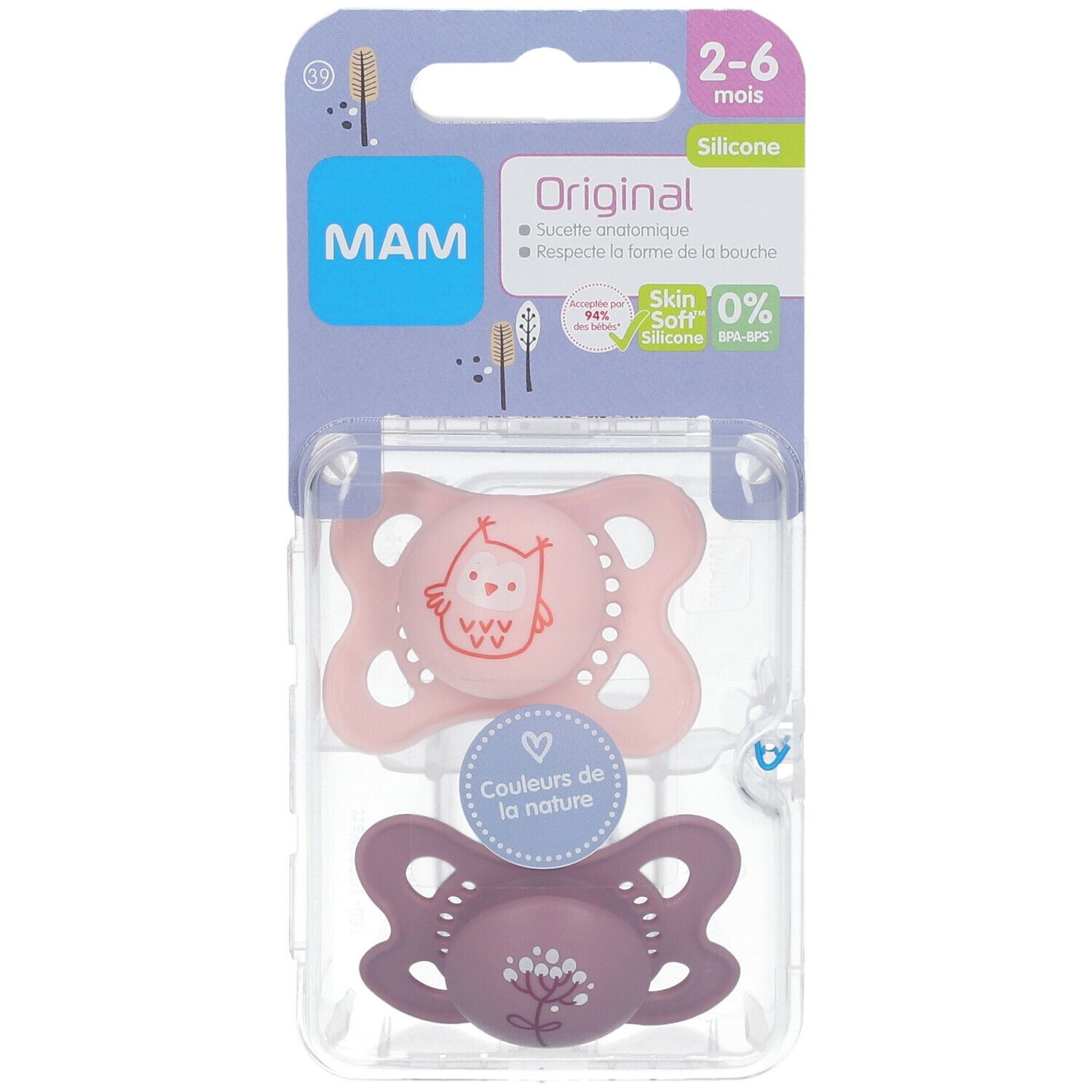 Deux sucettes en emballage. Rose et mauve, motifs animaux. Emballage avec logo MAM et indication d'âge 2-6 mois.