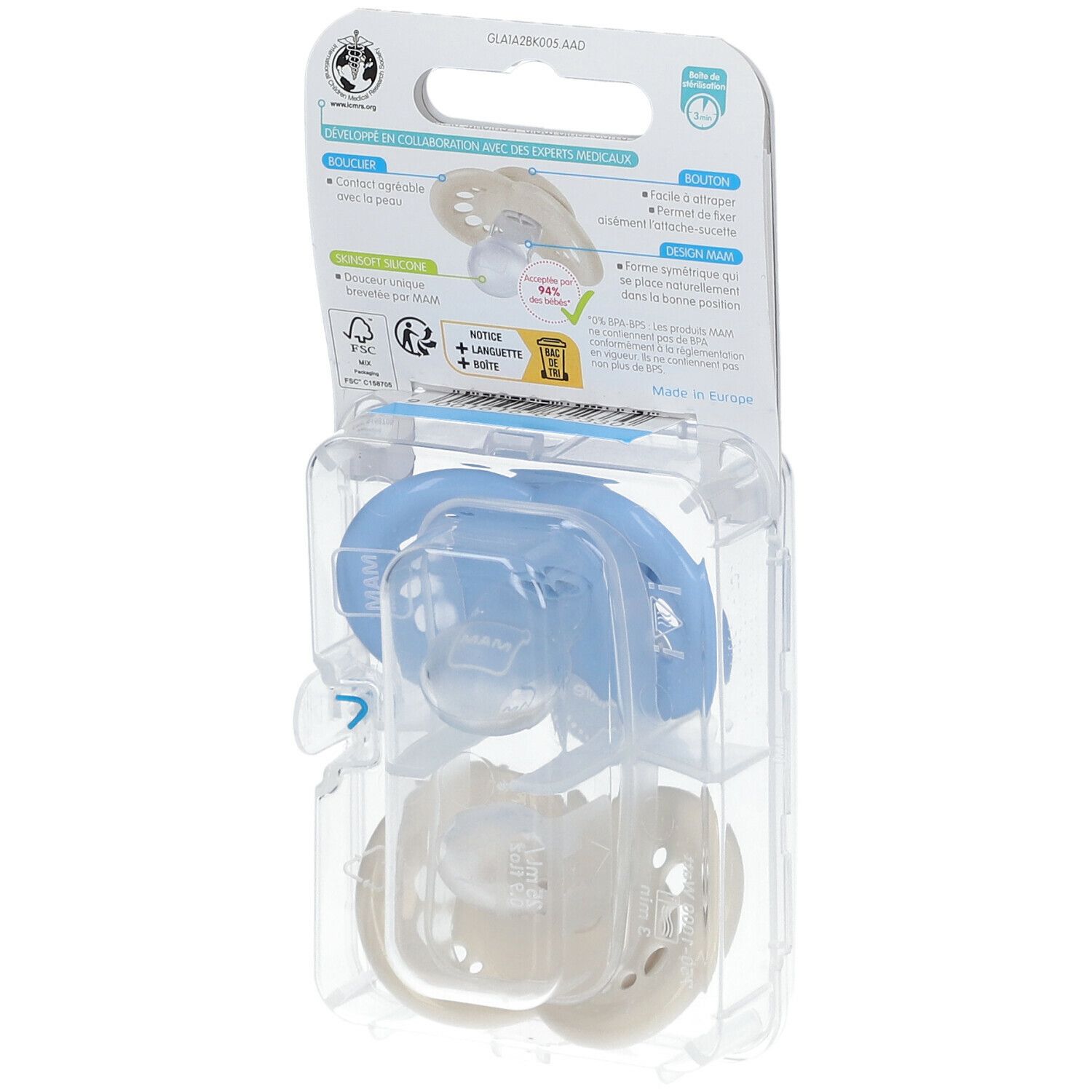 Dos de l'emballage de la sucette MAM Original. Informations sur le produit et certifications visibles.