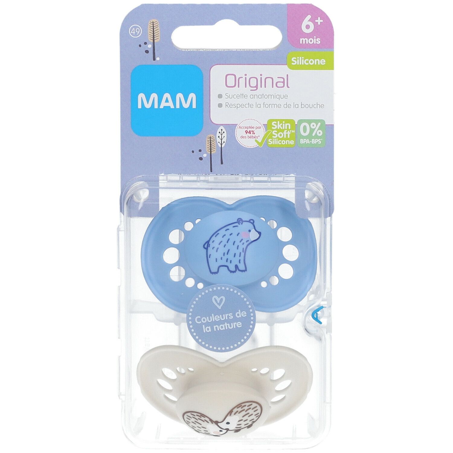Sucette MAM Original, bleue avec motif ours, 6+ mois. Emballage avec informations sur le produit.