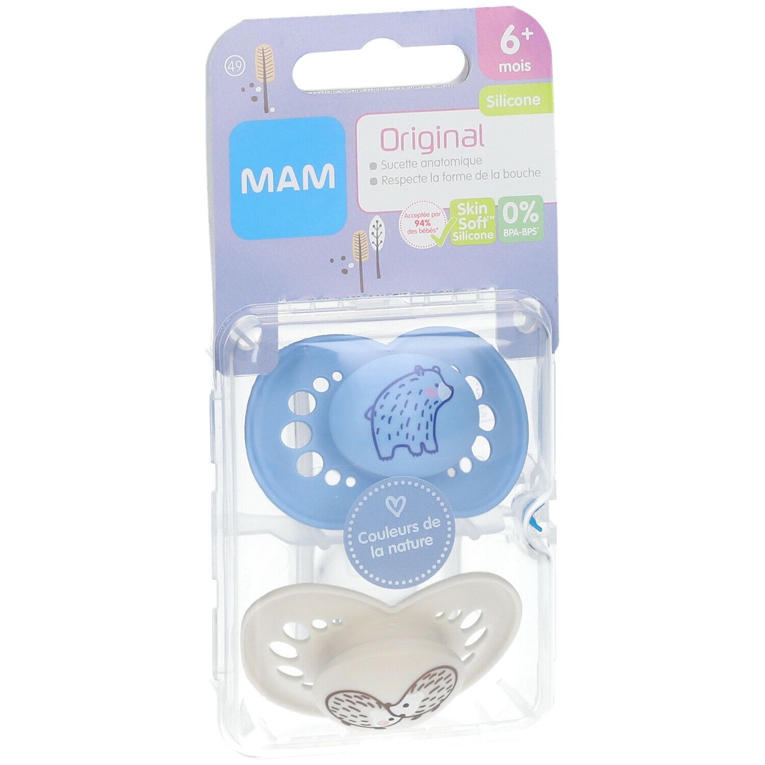 Sucette MAM Original, bleue avec motif ours, 6+ mois. Emballée dans une boîte en plastique transparente.