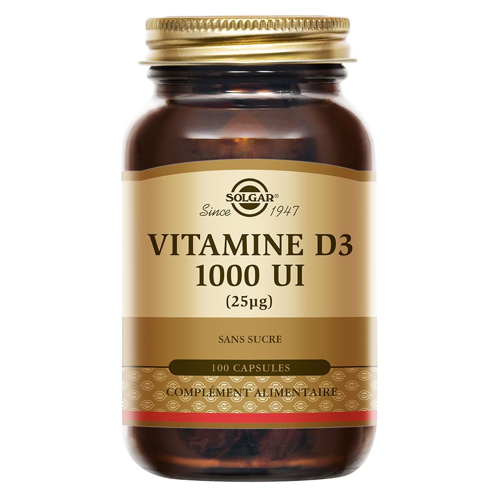 Flacon en verre brun, bouchon doré. Étiquette: SOLGAR, Vitamine D3 1000 UI, 100 capsules. Bande rouge en bas.