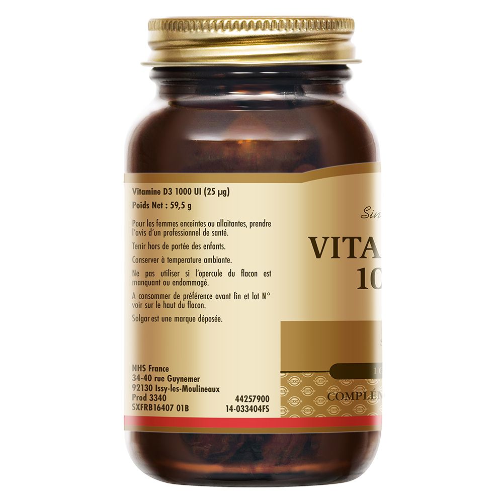Dos du flacon brun. Étiquette avec informations sur la vitamine D3, le poids, le mode d'emploi et le fabricant.