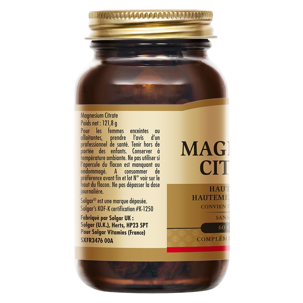 Dos du flacon en verre brun. Étiquette avec informations et texte sur le produit.