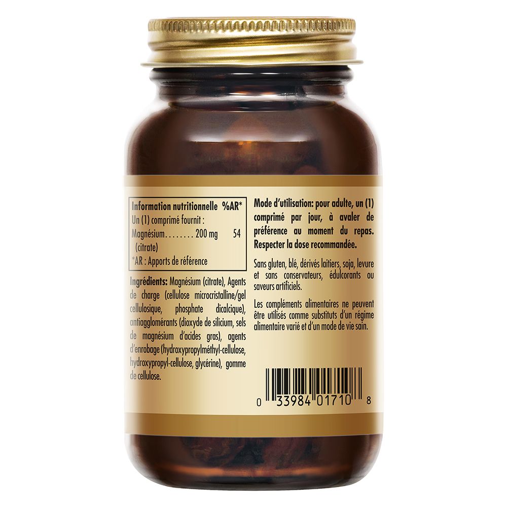 Dos du flacon en verre brun. Étiquette avec informations nutritionnelles et ingrédients.