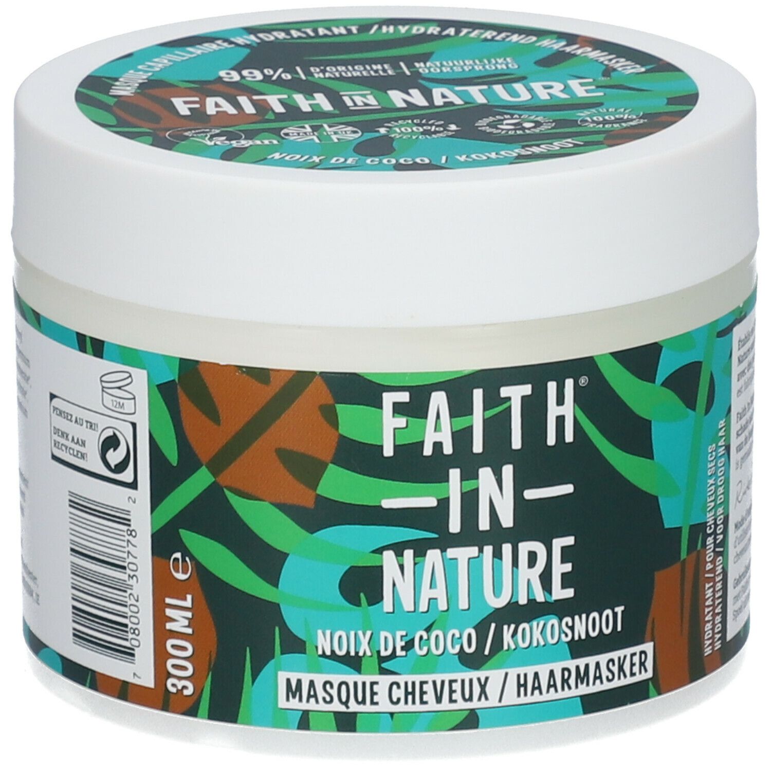 Pot rond avec étiquette verte et blanche. Inscription: FAITH IN NATURE, masque capillaire à la noix de coco. 300 ml. Couvercle avec logo et texte.