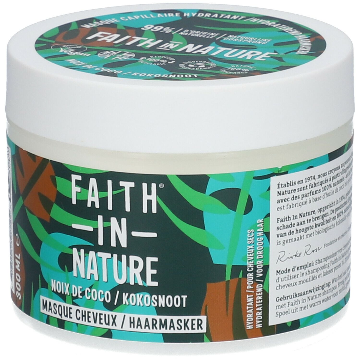 Pot rond avec étiquette verte et blanche. Inscription: FAITH IN NATURE, masque capillaire à la noix de coco. 300 ml. Couvercle avec logo et texte.